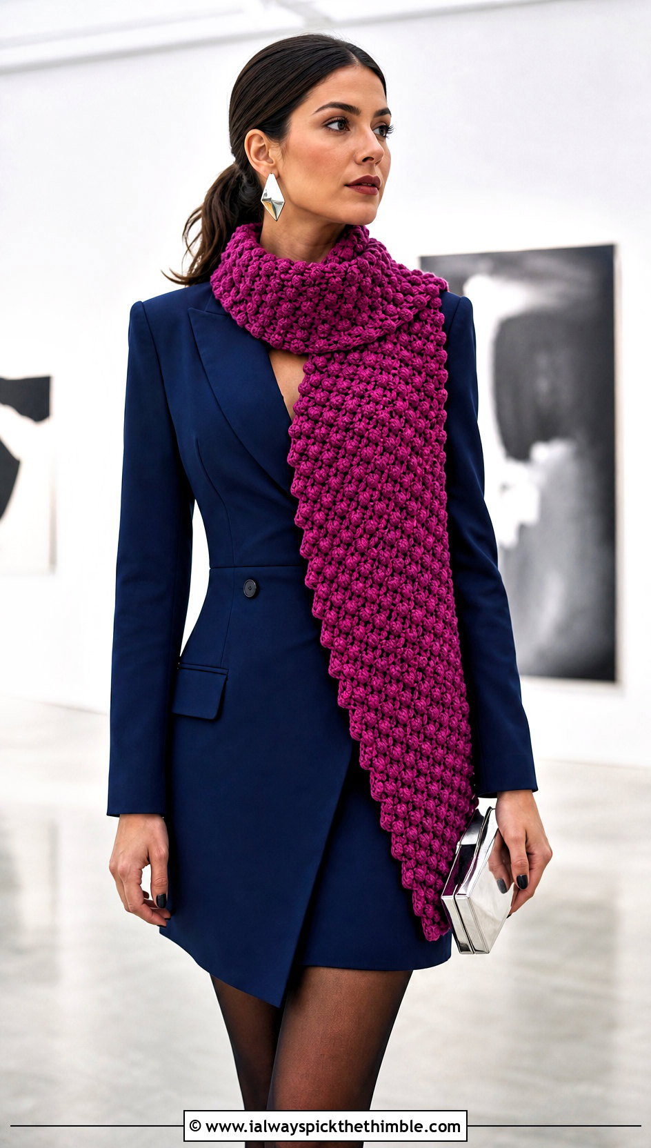 Asymmetrical Popcorn Crochet Scarf With Blazer Dress - 20 Popcorn Crochet Scarf outfit ideas