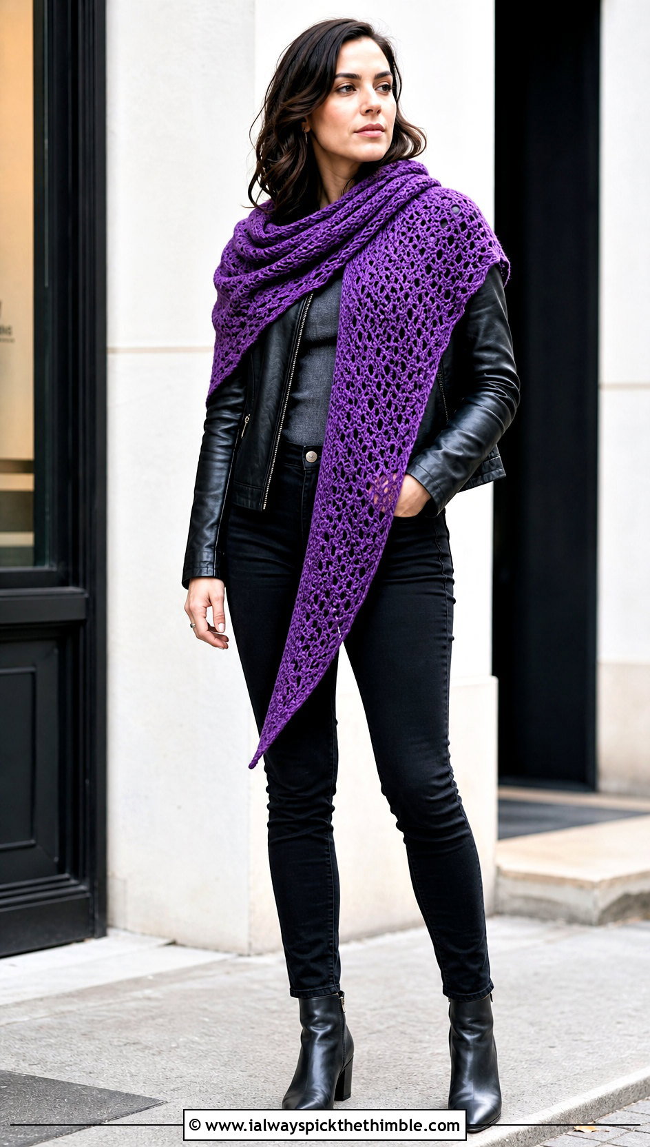 Asymmetrical Prayer Shawl With Leather Jacket - 25 easy crochet prayer shawls outfit ideas