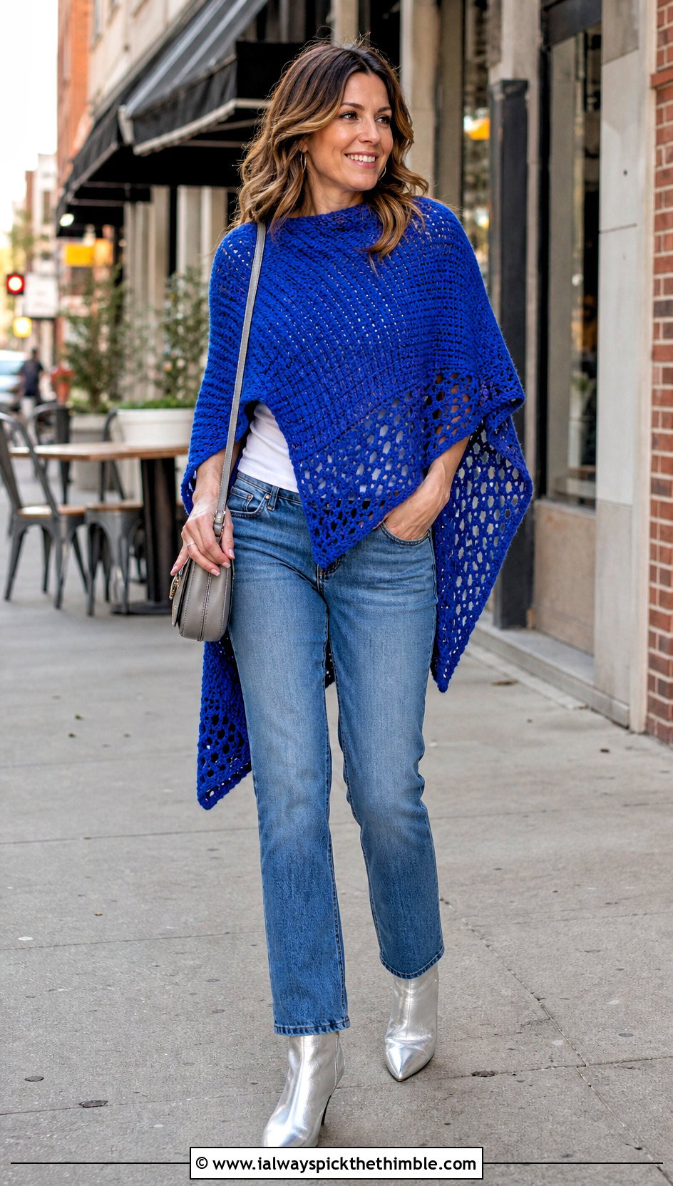 Asymmetrical Rectangle Crochet Poncho With Straight Leg Jeans - 15 Easy Crochet Poncho From A Rectangle outfit ideas