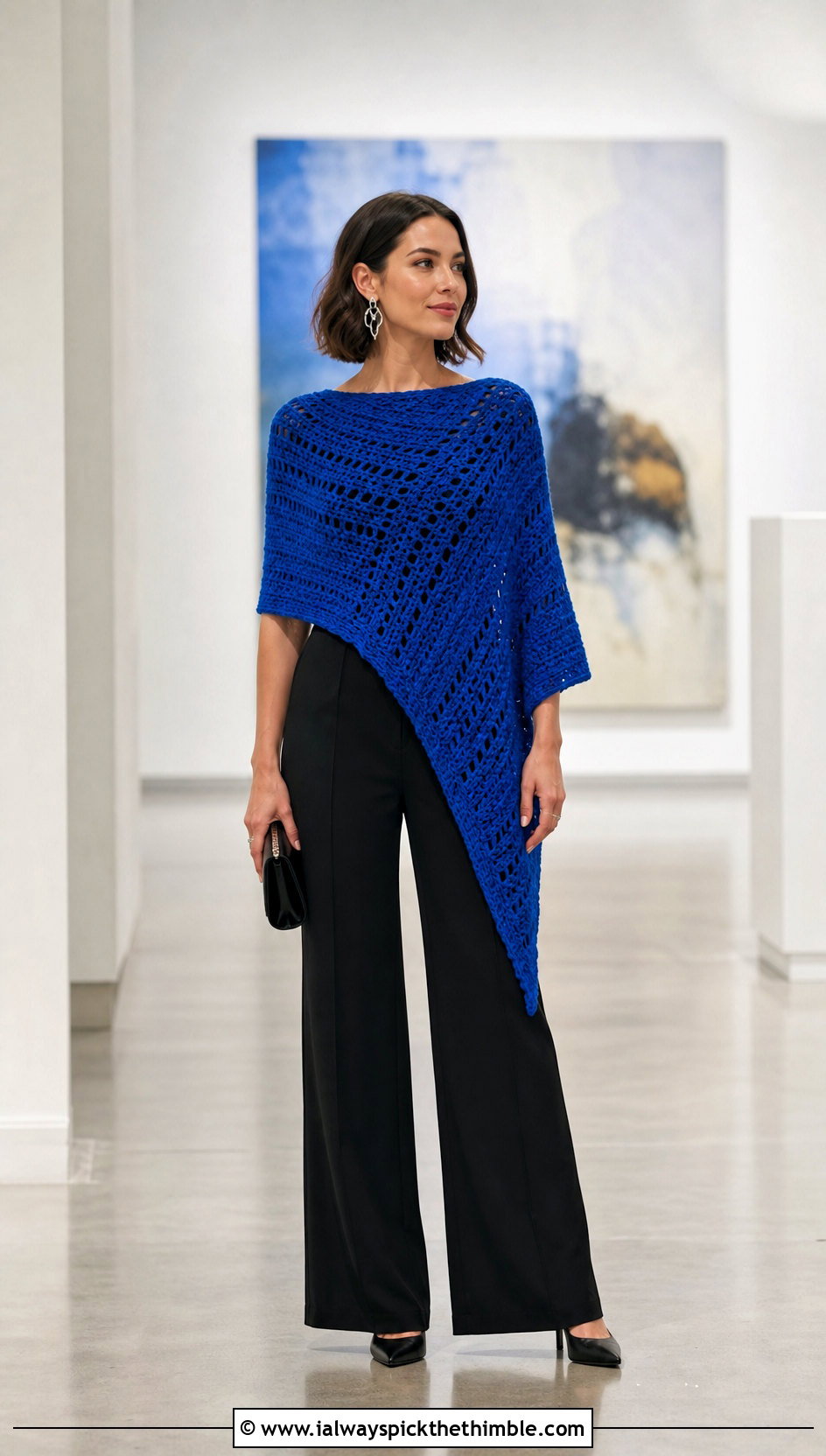 Asymmetrical Rectangle Poncho With Black Jumpsuit - 20 crochet rectangle poncho outfit ideas