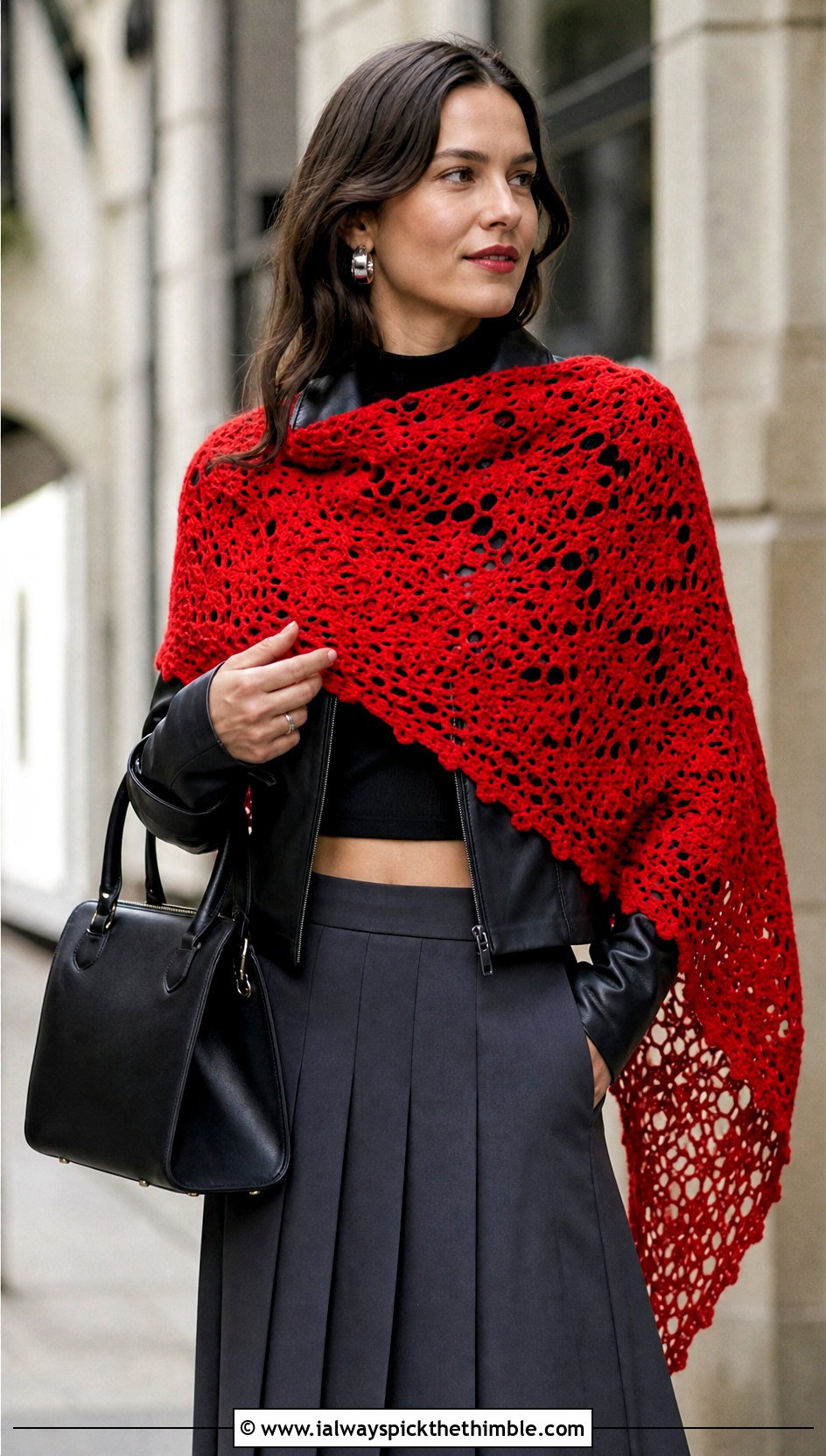 Asymmetrical Red Crochet Shawl With Leather Jacket And Midi Skirt - 15 red crochet shawl outfit ideas