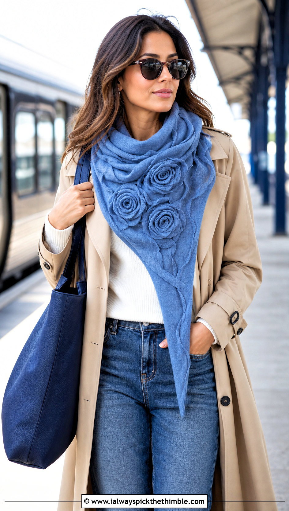 Asymmetrical Rose Shawl With Trench Coat - 20 Crochet Rose Shawl outfit ideas