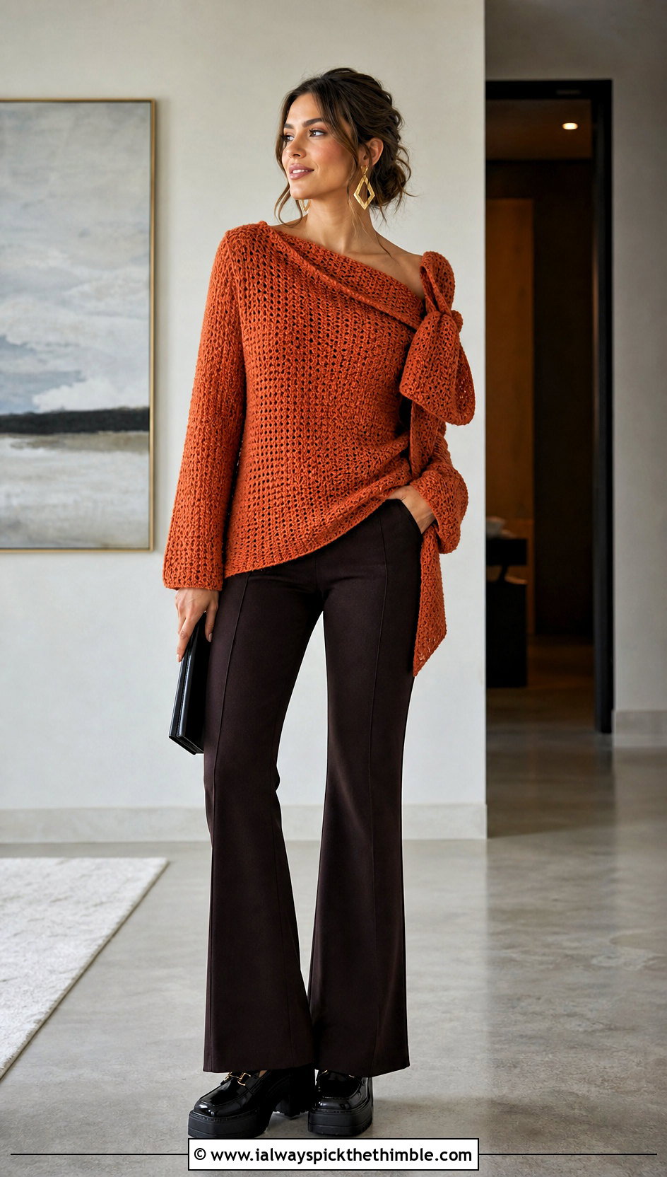 Asymmetrical Scarf Bow Crochet Sweater With Flared Pants - 20 crochet bow sweater outfit ideas