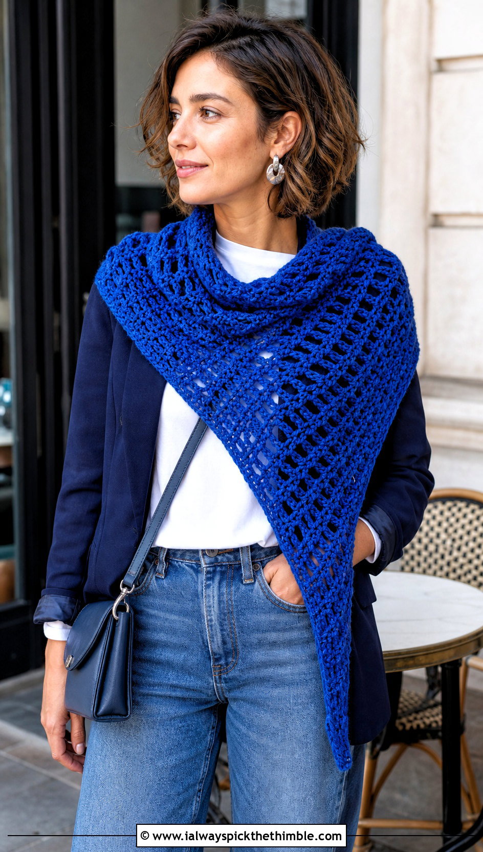 Asymmetrical Sideways Crochet Shawl With Jeans And Blazer - 20 Sideways Crochet Shawl outfit ideas