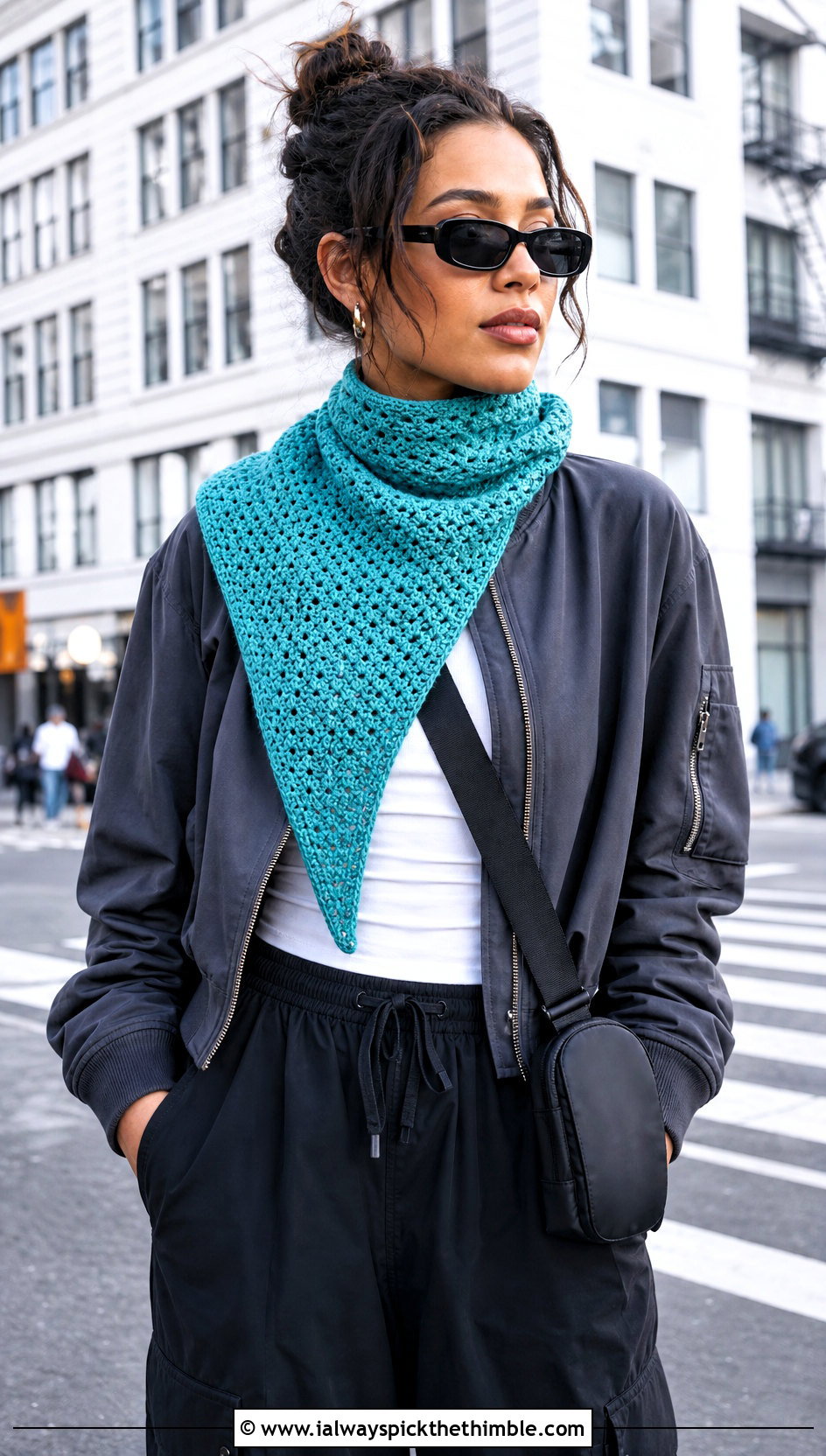 Asymmetrical Single Crochet Scarf With Bomber Jacket - 20 Single Crochet Scarf outfit ideas