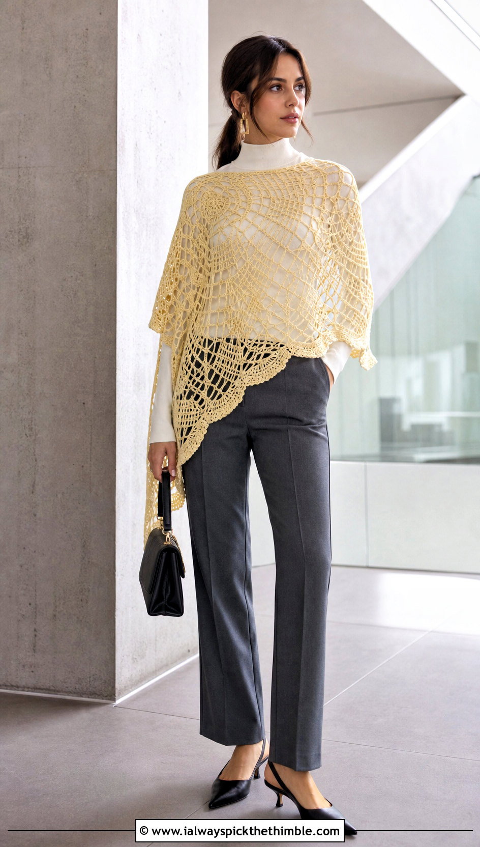 Asymmetrical Spider Web Crochet Poncho With Tailored Trousers - 20 Spider Web Crochet Poncho outfit ideas
