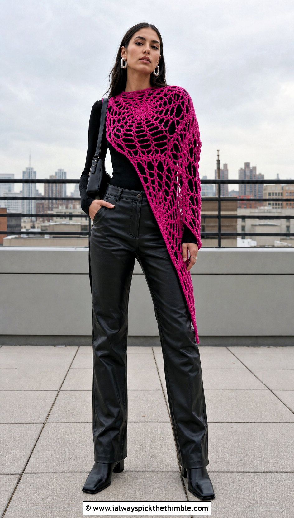 Asymmetrical Spiderweb Crochet Shawl With Leather Pants - 20 spiderweb crochet shawl outfit ideas