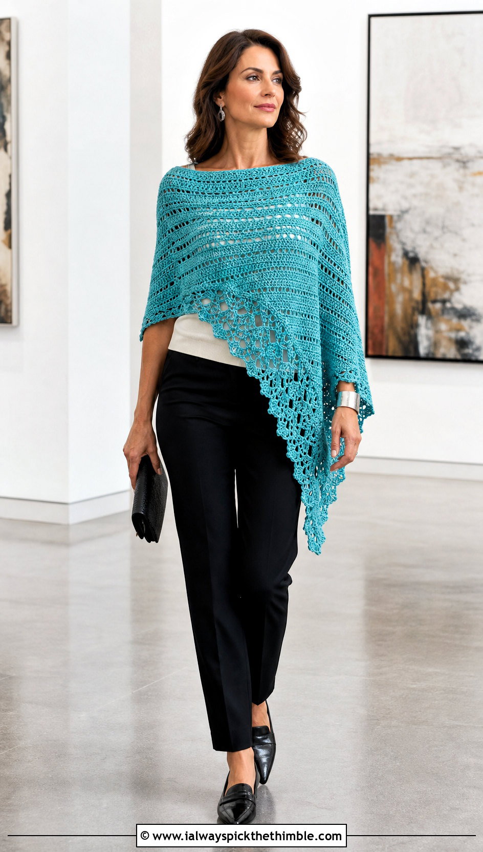 Asymmetrical Square Poncho With Slim Tailored Pants - 20 crochet square poncho outfit ideas