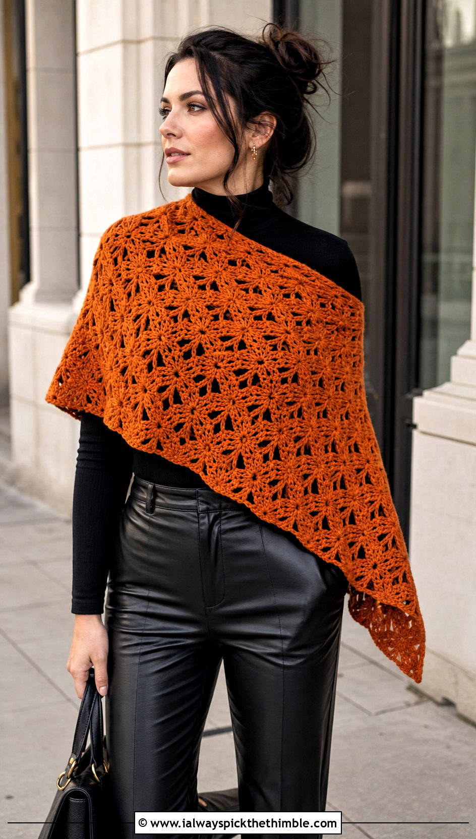 Asymmetrical Star Crochet Shawl With Leather Pants - 20 star crochet shawl outfit ideas