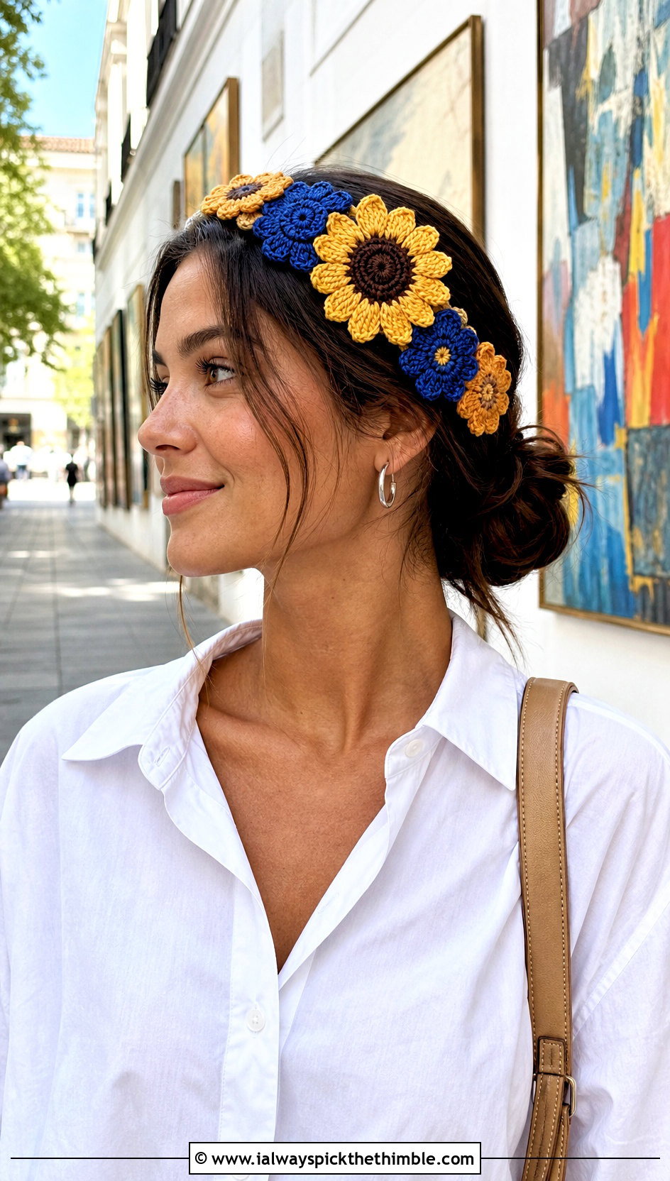Asymmetrical Sunflower Crochet Headband With White Shirt - 20 Crochet Sunflower Headband outfit ideas