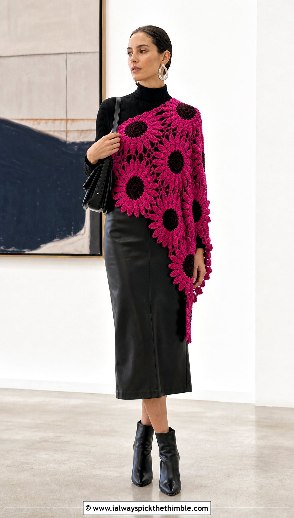 Asymmetrical Sunflower Crochet Shawl With Leather Midi Skirt - 20 Sunflower Crochet Shawl outfit ideas
