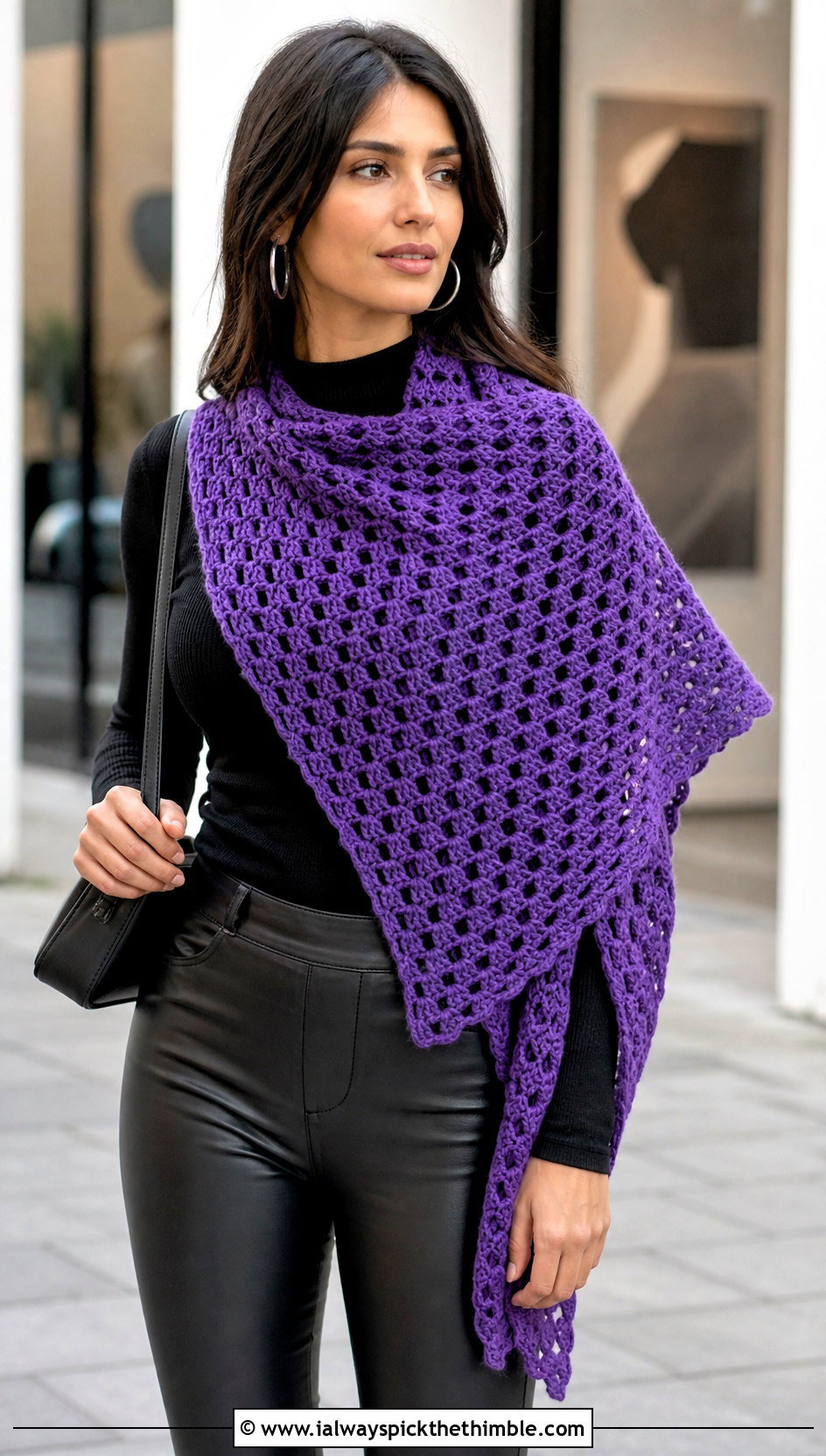 Asymmetrical Triangle Block Stitch Crochet Shawl With Leather Pants - 15 Block Stitch Crochet Shawl outfit ideas