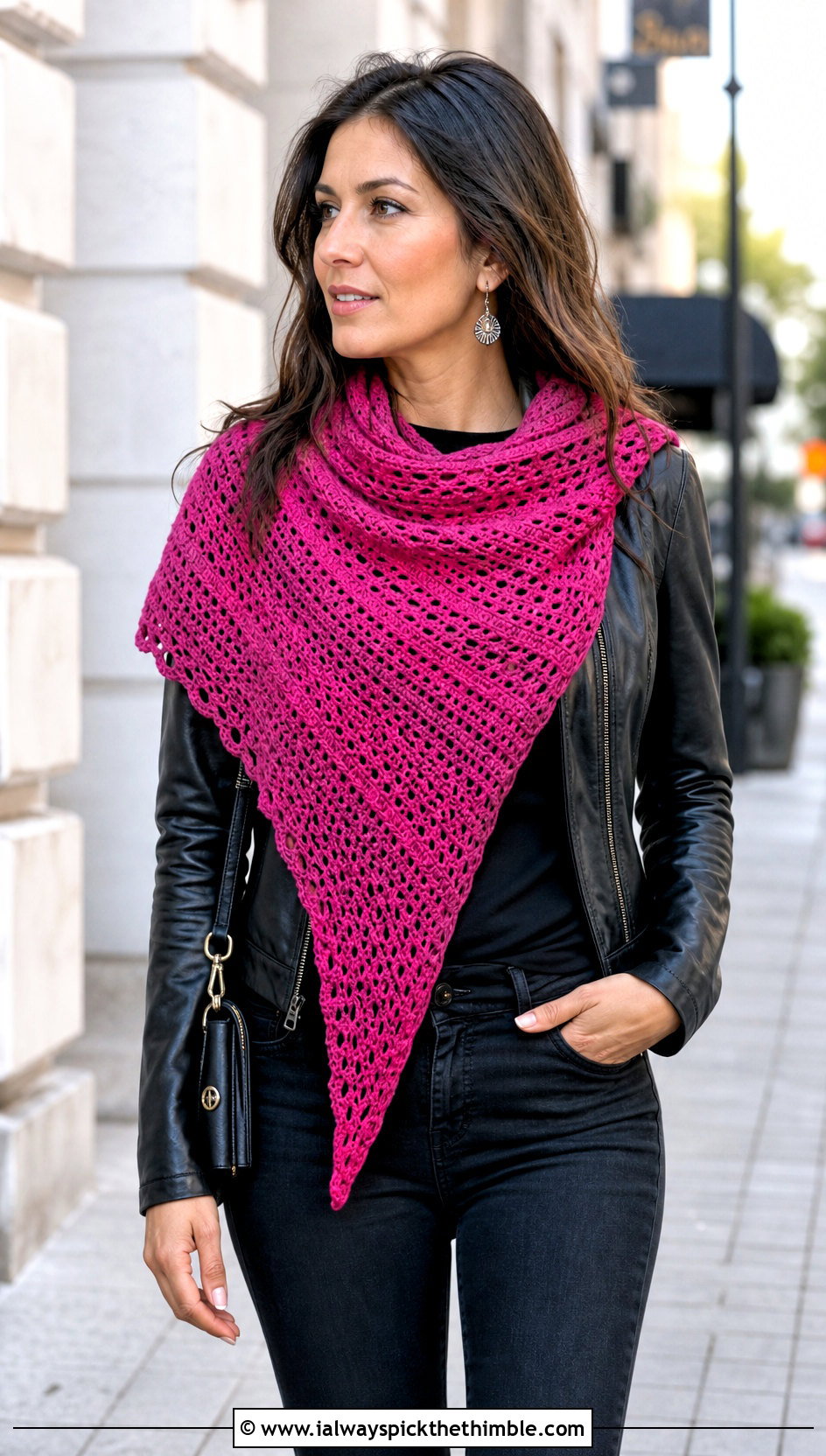 Asymmetrical Triangle Crochet Cotton Shawl With Leather Jacket - 15 Crochet Cotton Shawl outfit ideas
