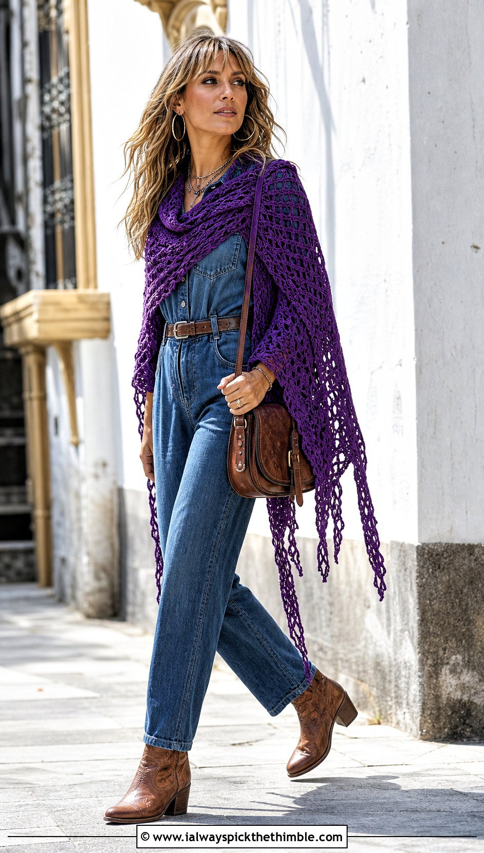 Asymmetrical Triangle Crochet Shawl With Denim Jumpsuit - 20 Stevie Nicks Crochet Shawl outfit ideas