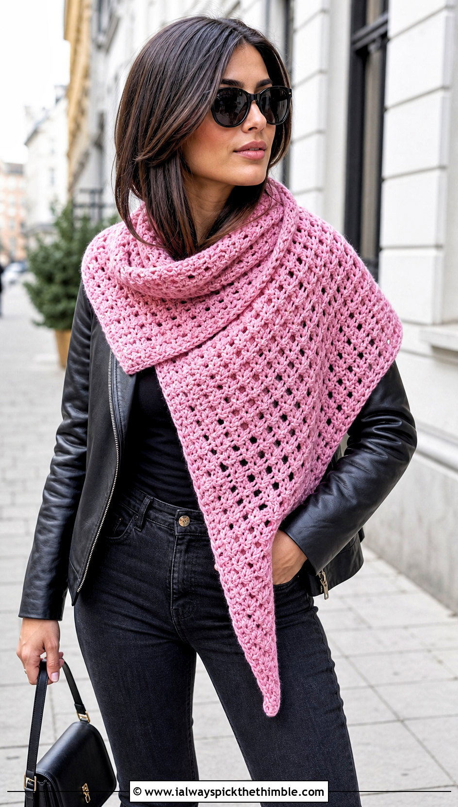 Asymmetrical Triangle Crochet Shawl With Leather Jacket - 15 Easy Crochet Shawls outfit ideas