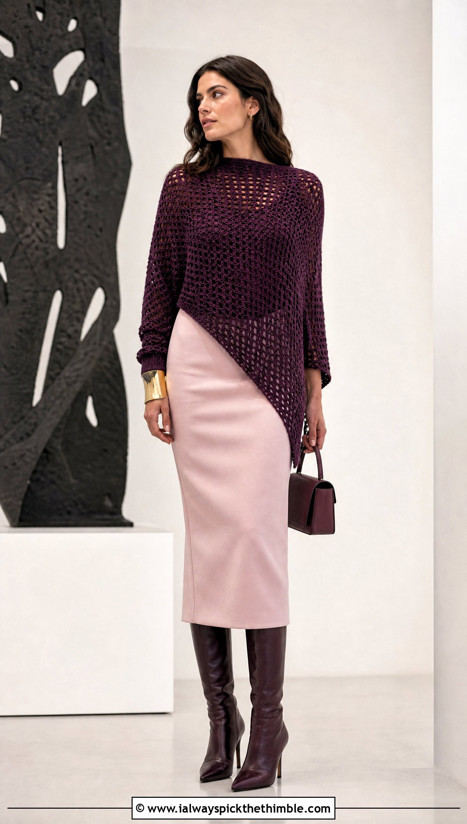 Asymmetrical Triangle Crochet Sweater With Column Skirt - 15 triangle crochet sweater outfit ideas