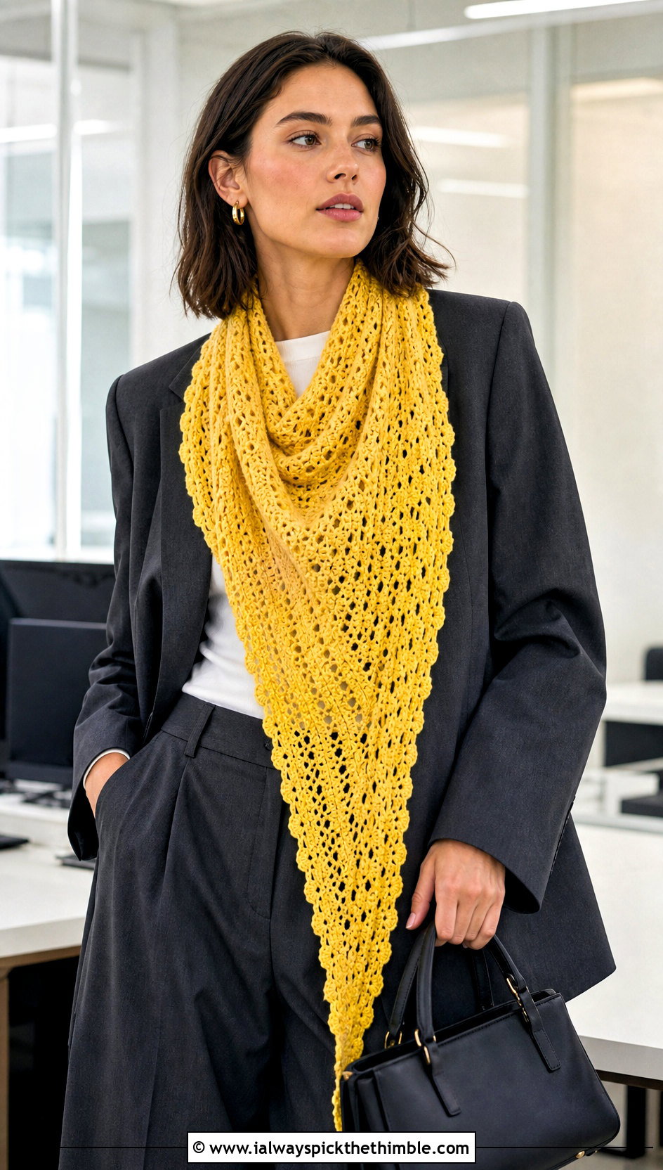Asymmetrical Triangle Freeform Crochet Scarf With Oversized Blazer - 20 Freeform Crochet Scarf outfit ideas