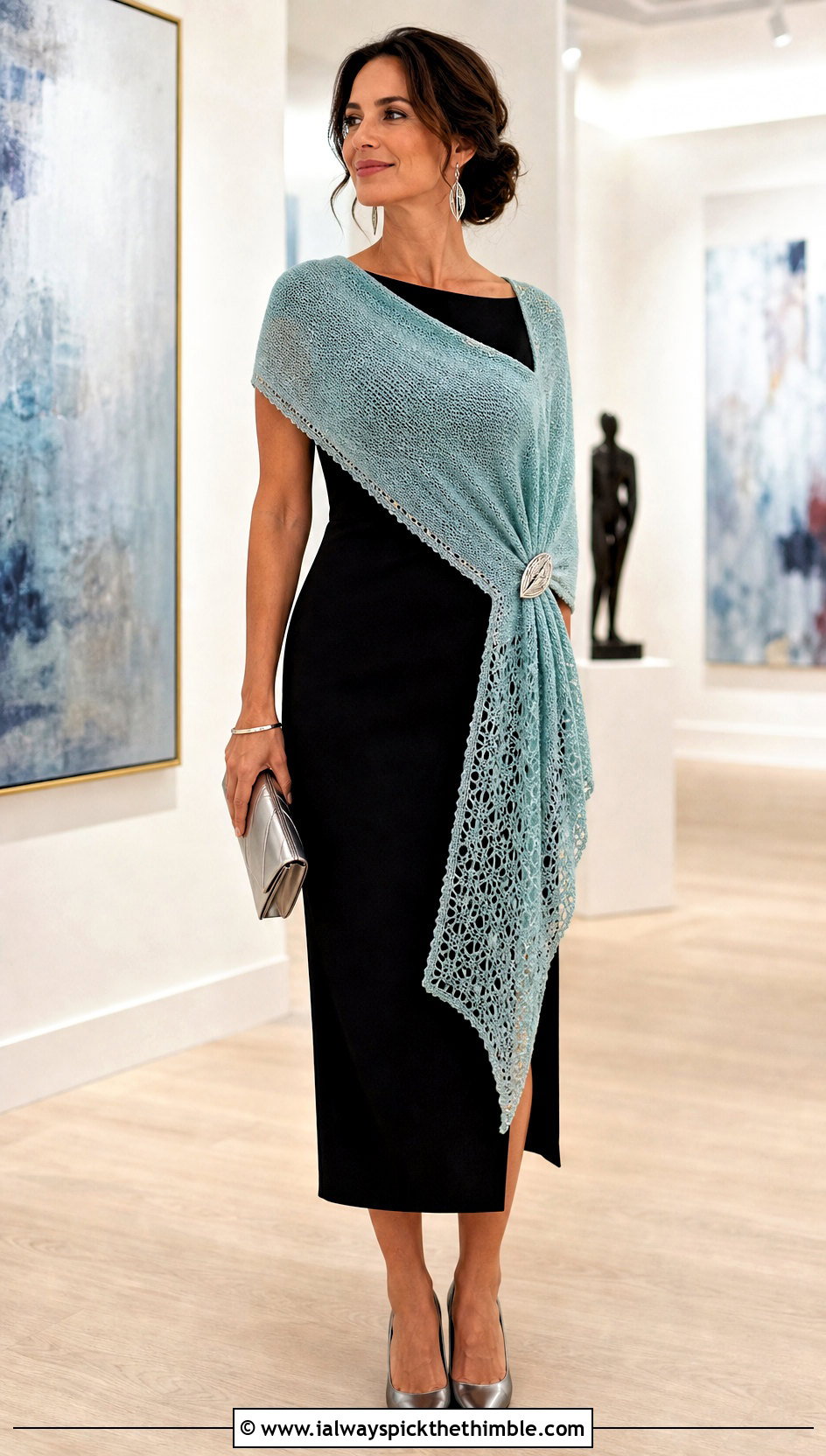 Asymmetrical Triangle Shawl With Black Dress And Pumps - 20 easy crochet triangle shawl outfit ideas