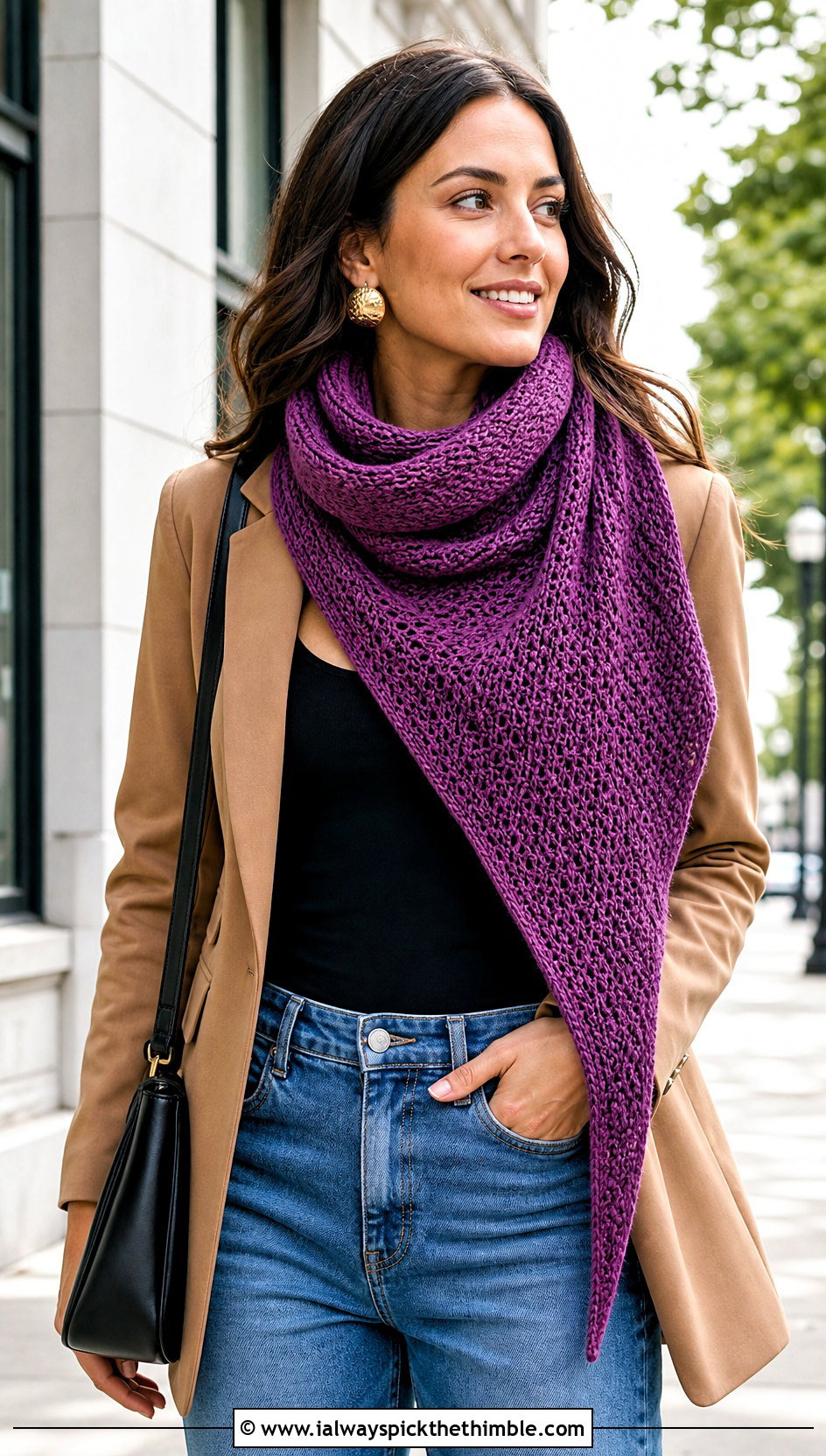 Asymmetrical Tunisian Crochet Triangle Shawl With Blazer And Jeans - 20 Tunisian Crochet Triangle Shawl outfit ideas