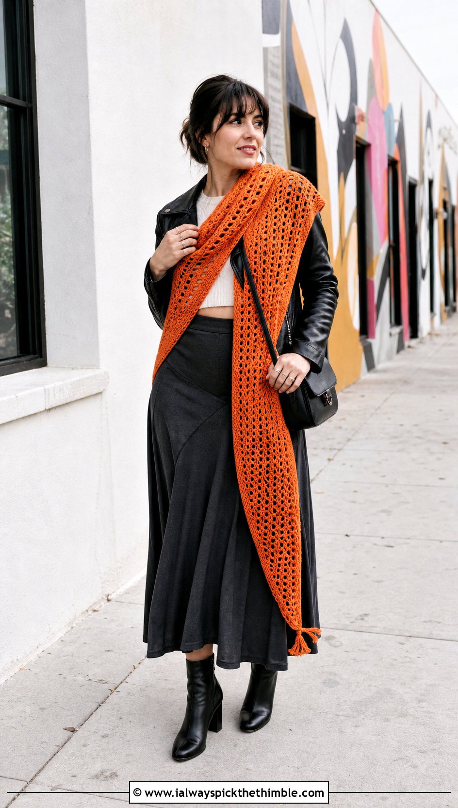 Asymmetrical Tunisian Crochet Wrap With Leather Jacket - 20 Tunisian Crochet Wrap outfit ideas