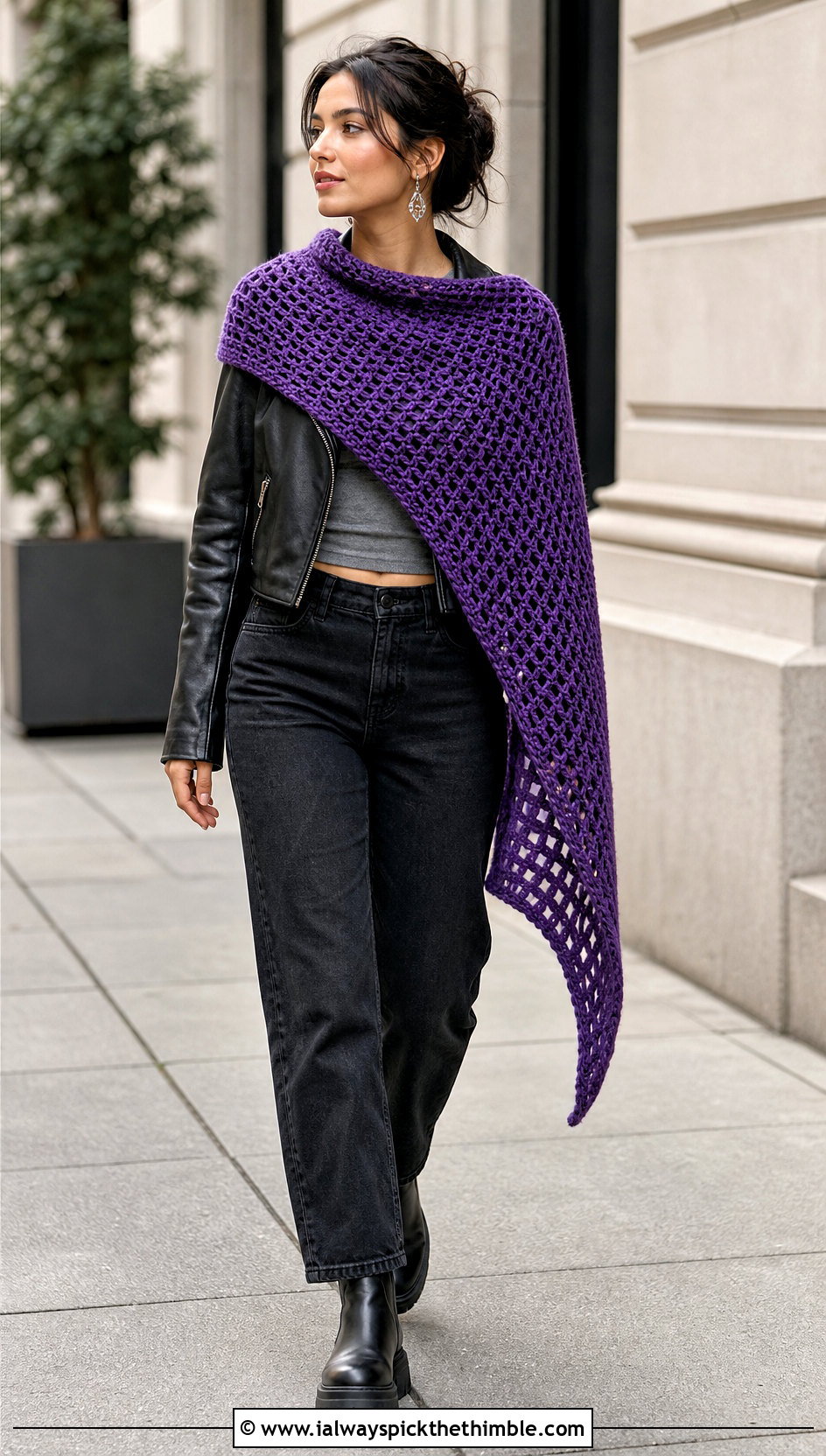 Asymmetrical Tunisian Mesh Shawl With Leather Jacket - 25 tunisian crochet shawl outfit ideas