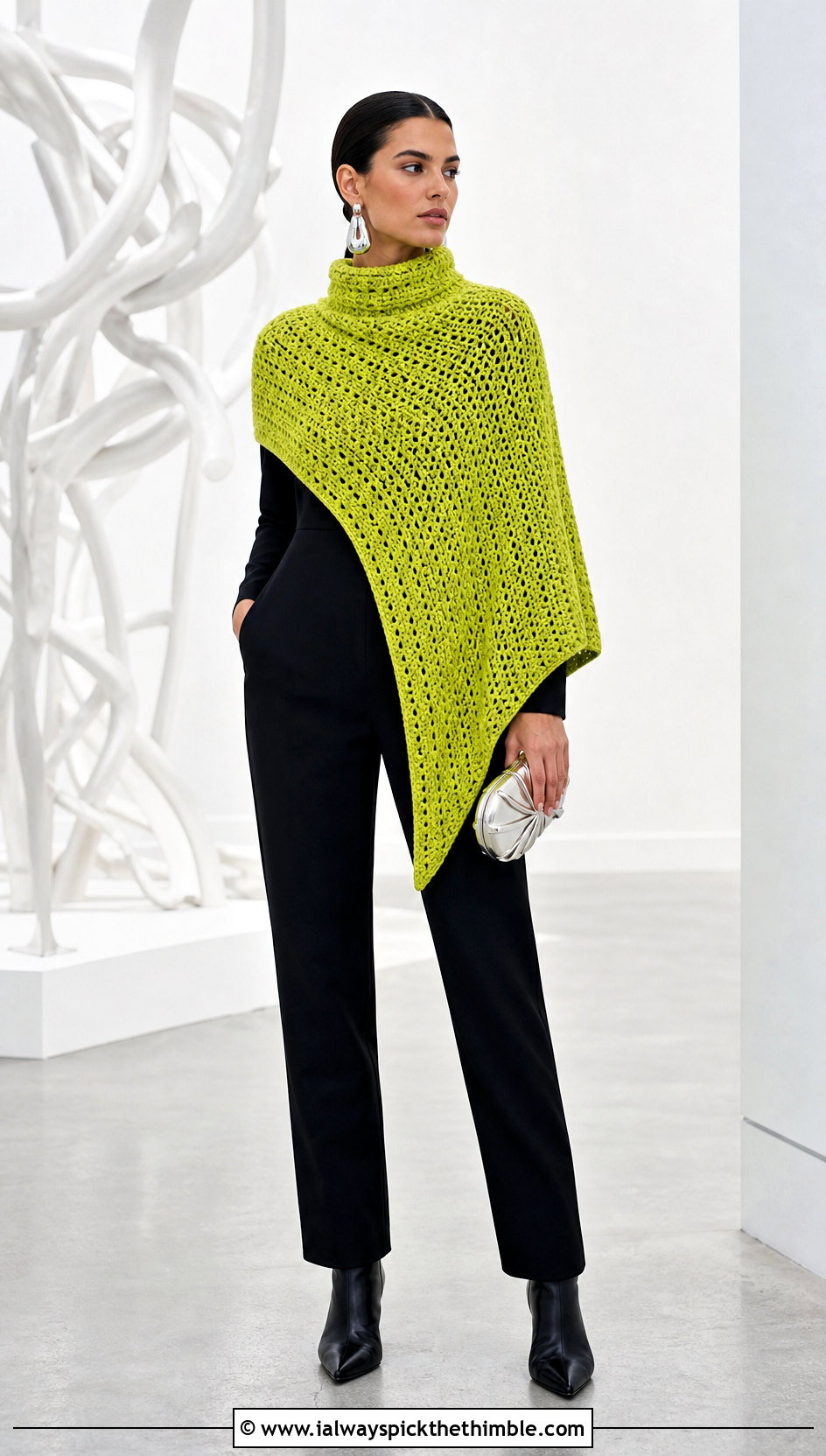 Asymmetrical Turtle Neck Crochet Poncho With Black Jumpsuit - 20 Turtle Neck Crochet Poncho outfit ideas