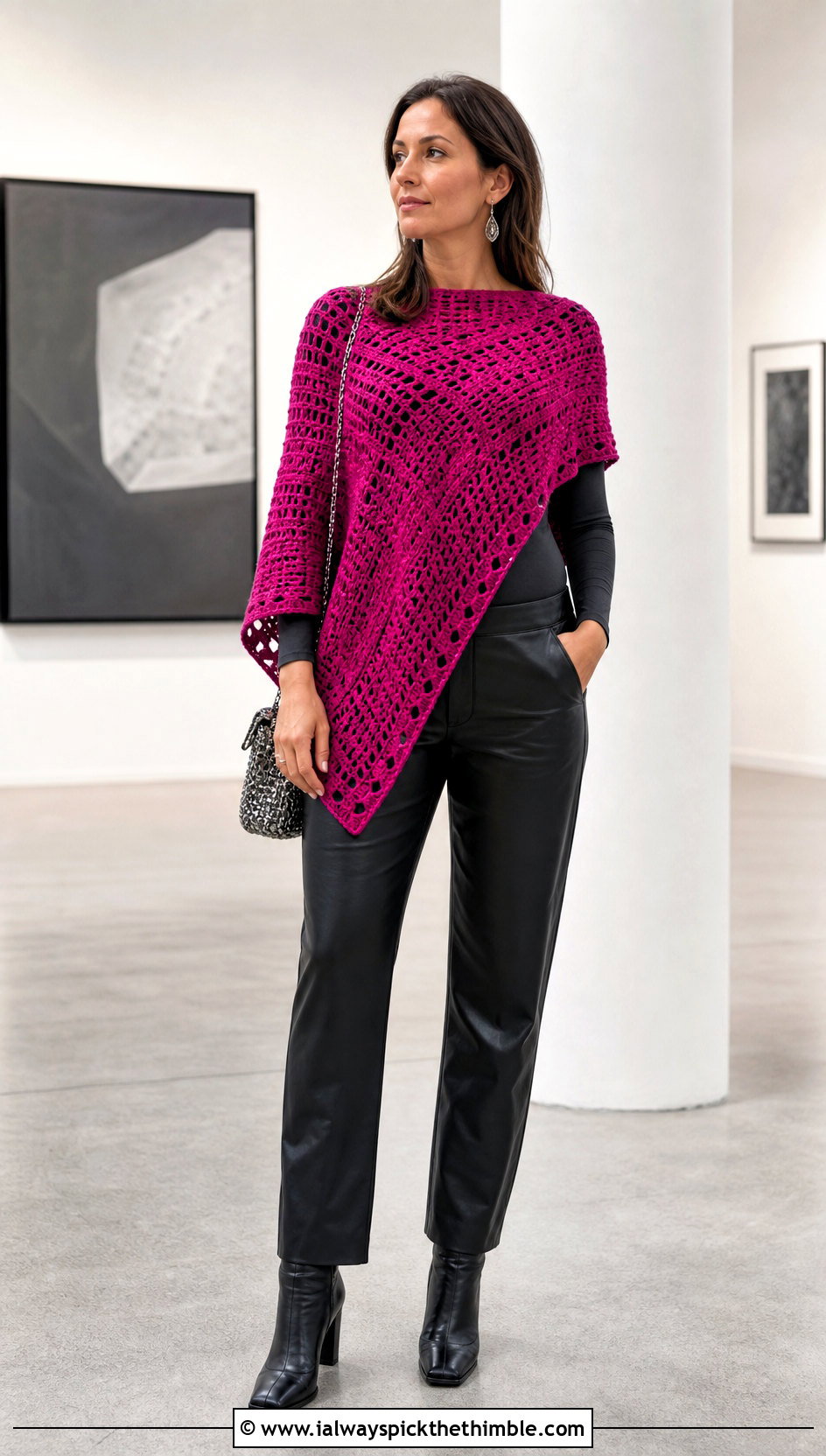 Asymmetrical Uptown Crochet Poncho With Leather Pants - 15 Uptown Crochet Poncho outfit ideas