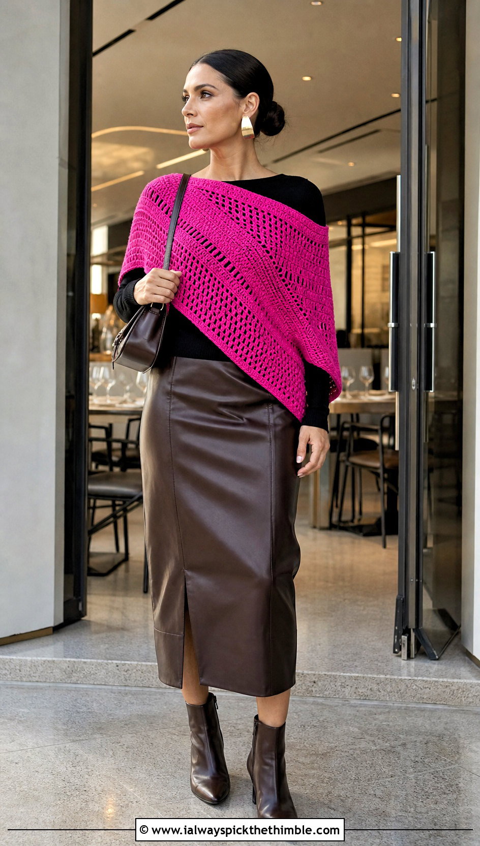 Asymmetrical V Stitch Crochet Shawl With Leather Midi Skirt - 20 V Stitch Crochet Shawl outfit ideas