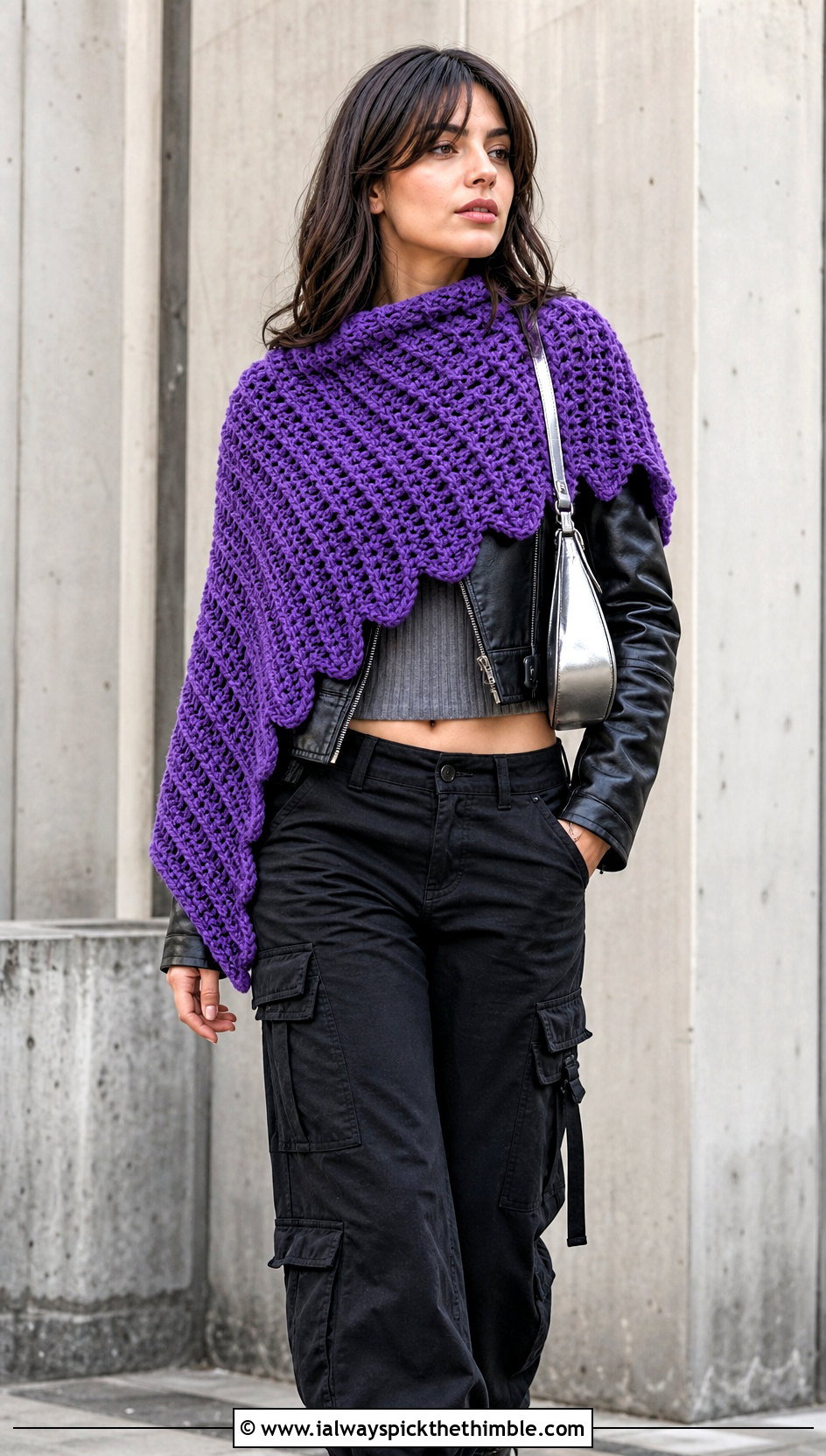 Asymmetrical Waffle Crochet Shawl With Leather Jacket - 15 Waffle Crochet Shawl outfit ideas