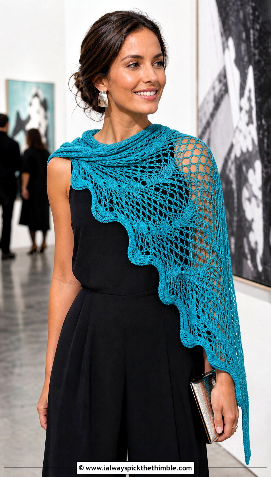 Asymmetrical Wave Crochet Shawl Scarf With Jumpsuit and Heels - 20 wavy crochet scarf outfit ideas