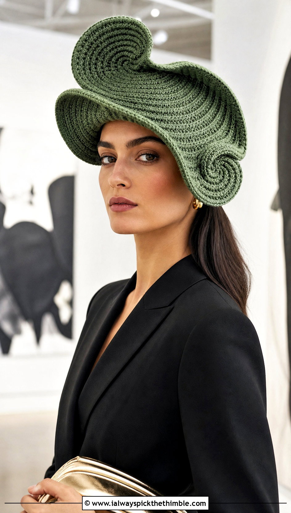 Asymmetrical Wavy Swirl Crochet Hat With Blazer Dress - 20 crochet swirl hat outfit ideas