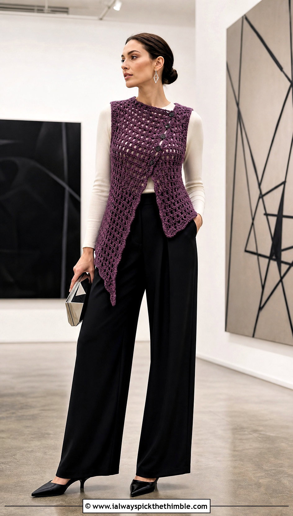 Asymmetrical Wednesday Crochet Vest With Wide Leg Pants - 20 wednesday crochet vest outfit ideas