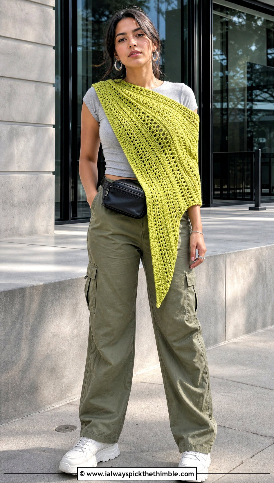 Asymmetrical Worsted Weight Crochet Shawl With Cargo Pants - 20 Crochet Shawl Worsted Weight Yarn outfit ideas