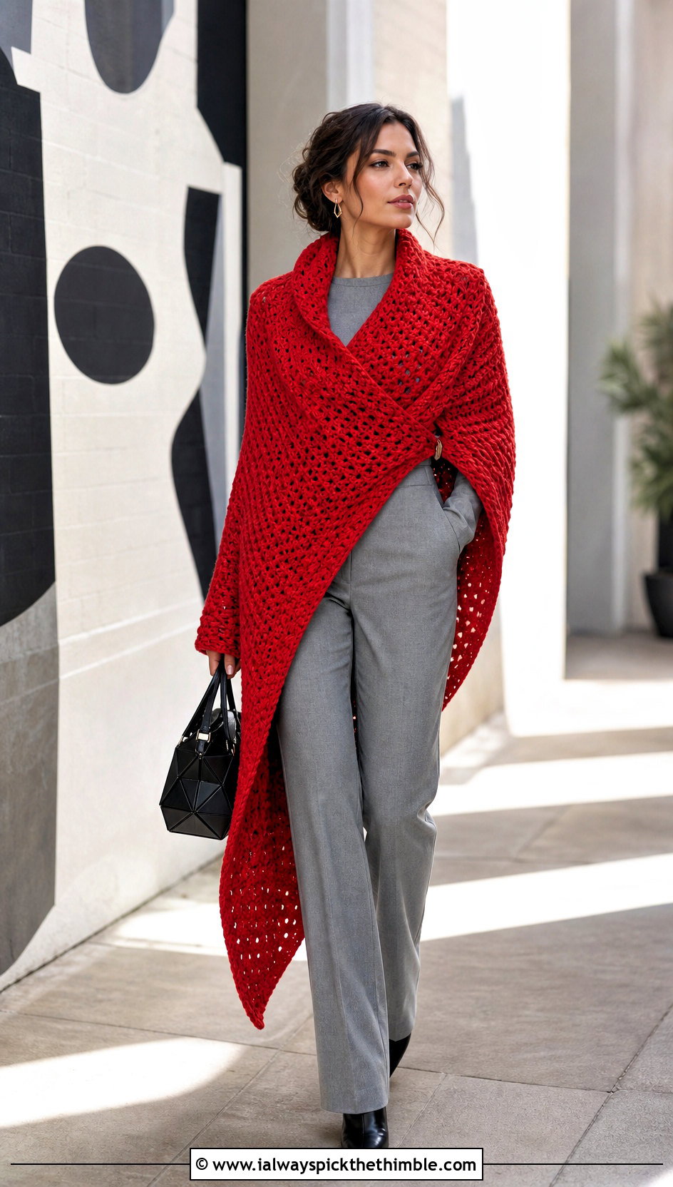 Asymmetrical Wrap Crochet Blanket Cardigan With Jumpsuit - 25 crochet blanket cardigan outfit ideas