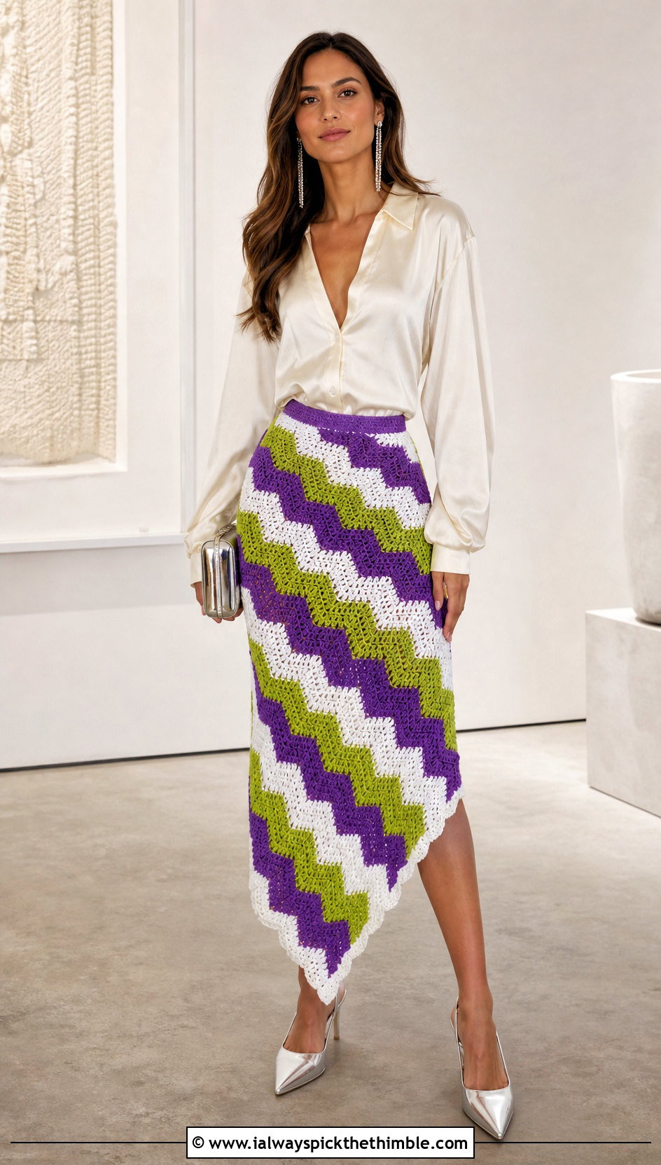 Asymmetrical Zigzag Crochet Midi Skirt With Satin Blouse - 15 colorful crochet zigzag skirt outfit ideas