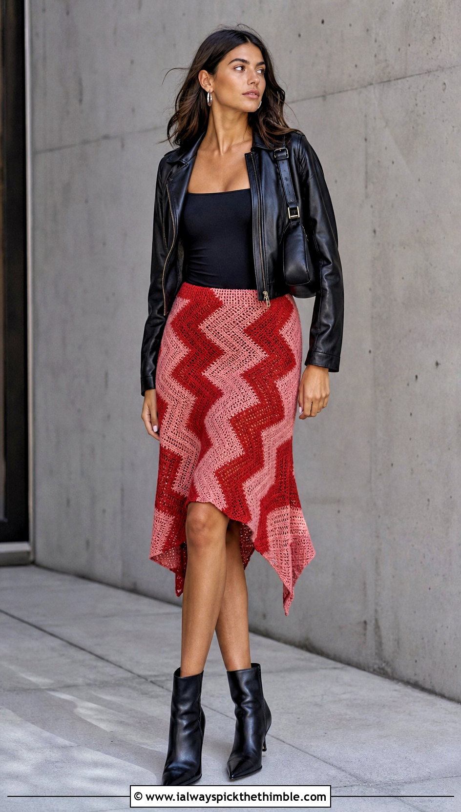 Asymmetrical Zigzag Skirt With Leather Jacket - 15 crochet zigzag skirt outfit ideas