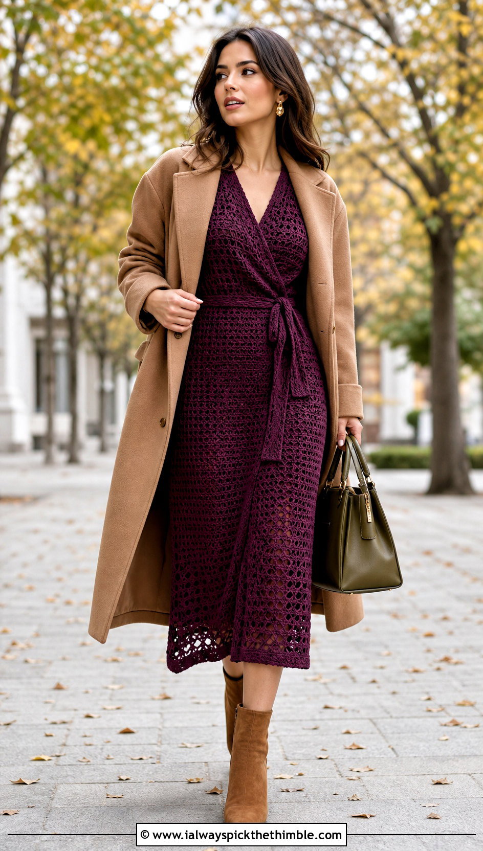 Aubergine Crochet Wrap Dress With Suede Boots - 25 purple crochet dress outfit ideas