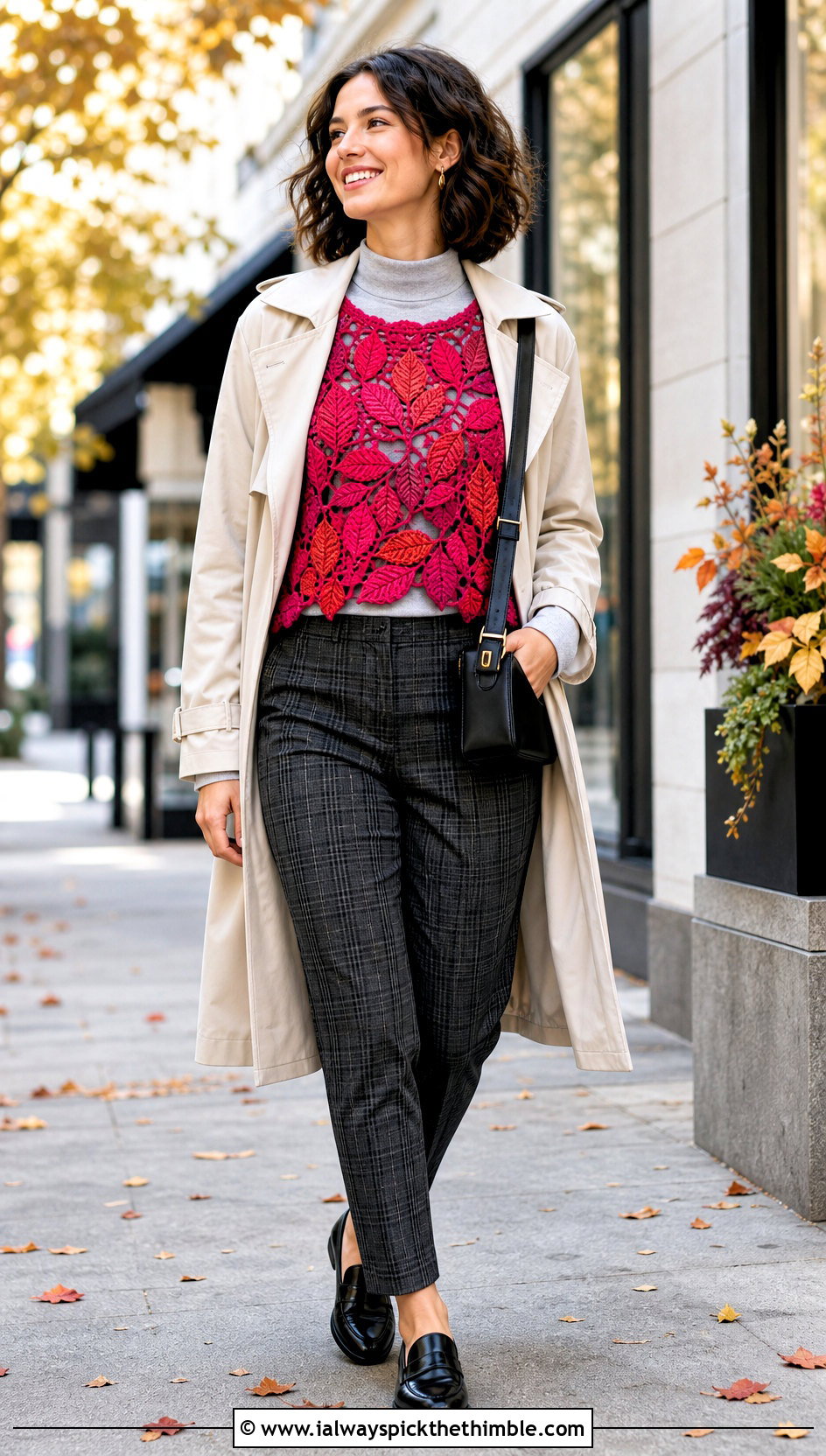 Autumn Leaf Crochet Short Sleeve Top With Plaid Trousers - 15 crochet top with leaf outfit ideas