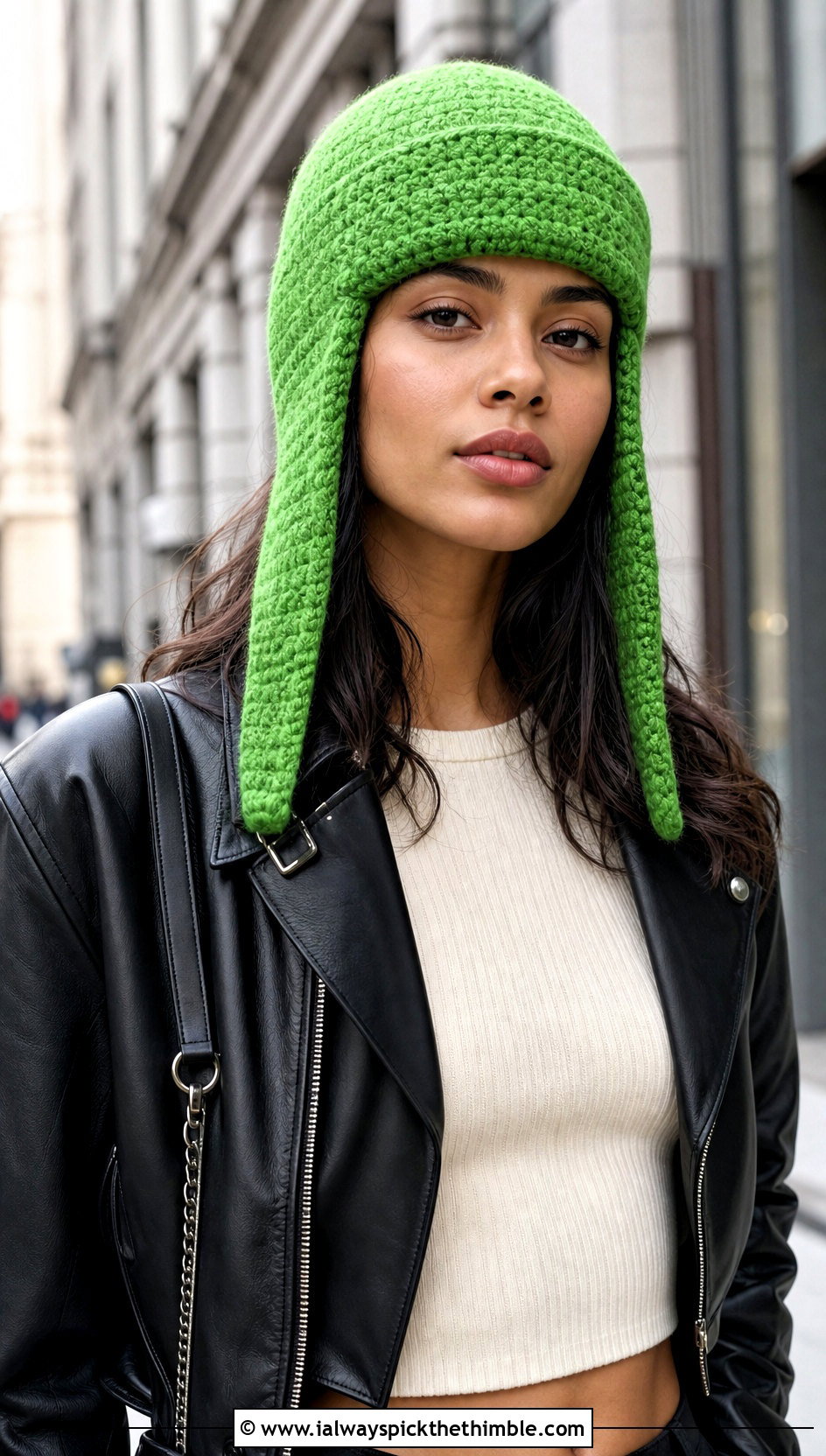 Aviator Crochet Earflap Hat With Leather Jacket - 25 crochet earflap hat outfit ideas