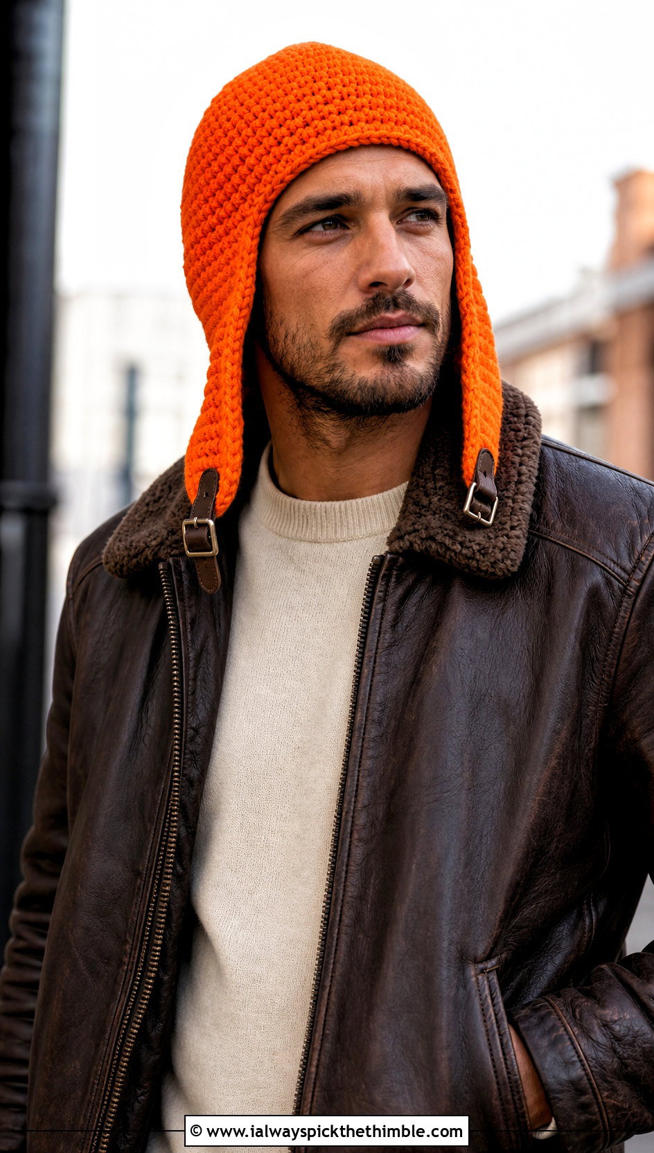 Aviator Crochet Earflap Hat With Leather Jacket - 15 Mens Crochet Hat With Earflaps outfit ideas