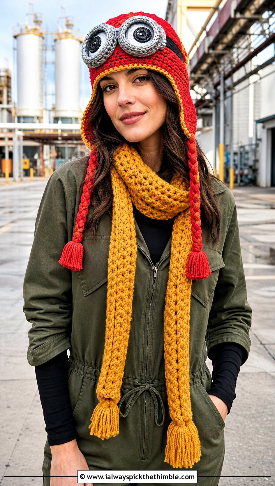 Aviator Crochet Hat And Braided Scarf With Utility Jumpsuit - 15 minion-themed crochet hat and scarf outfit ideas