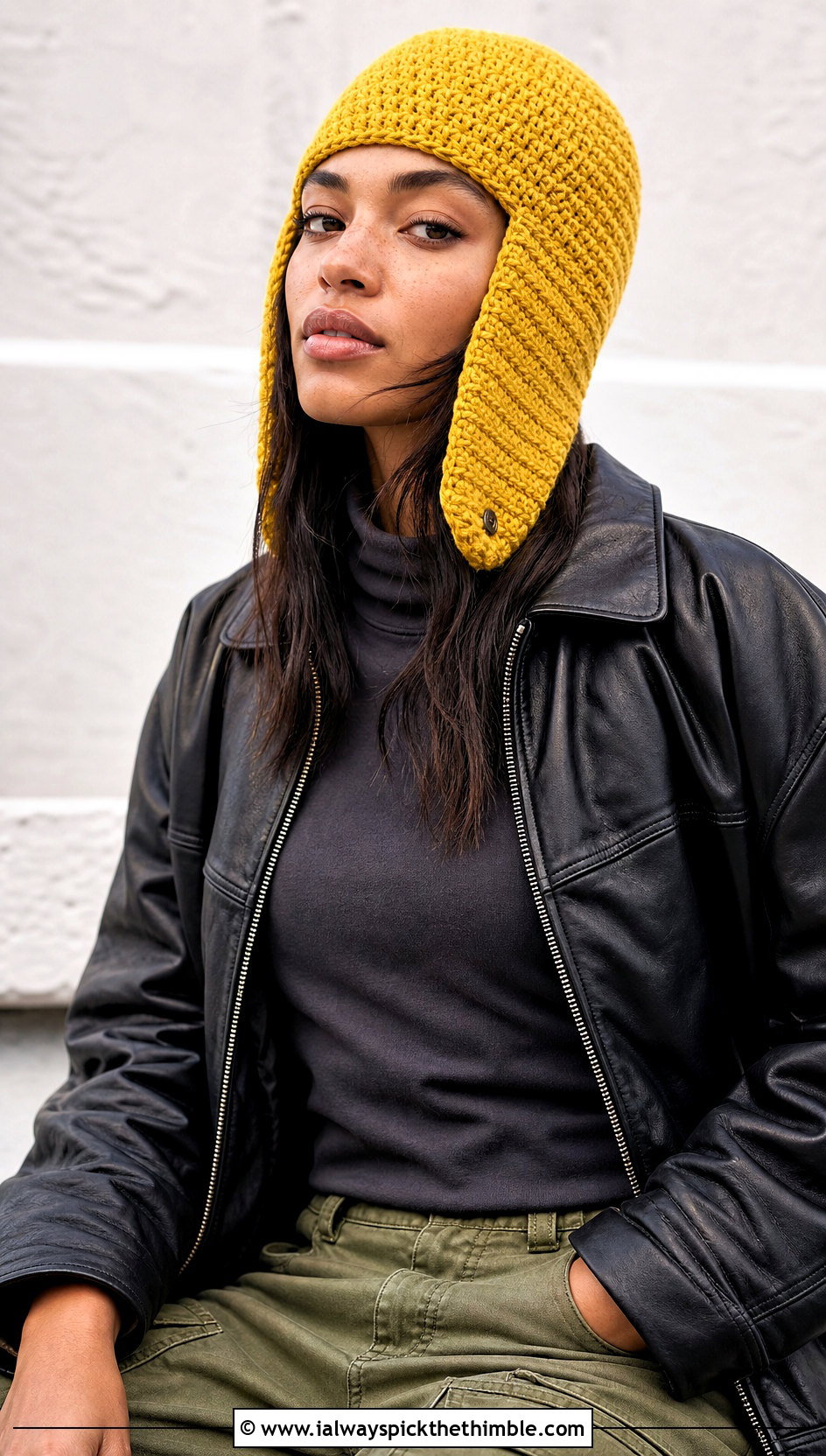 Aviator Crochet Trapper Hat With Leather Jacket - 25 Crochet Trapper Hat outfit ideas
