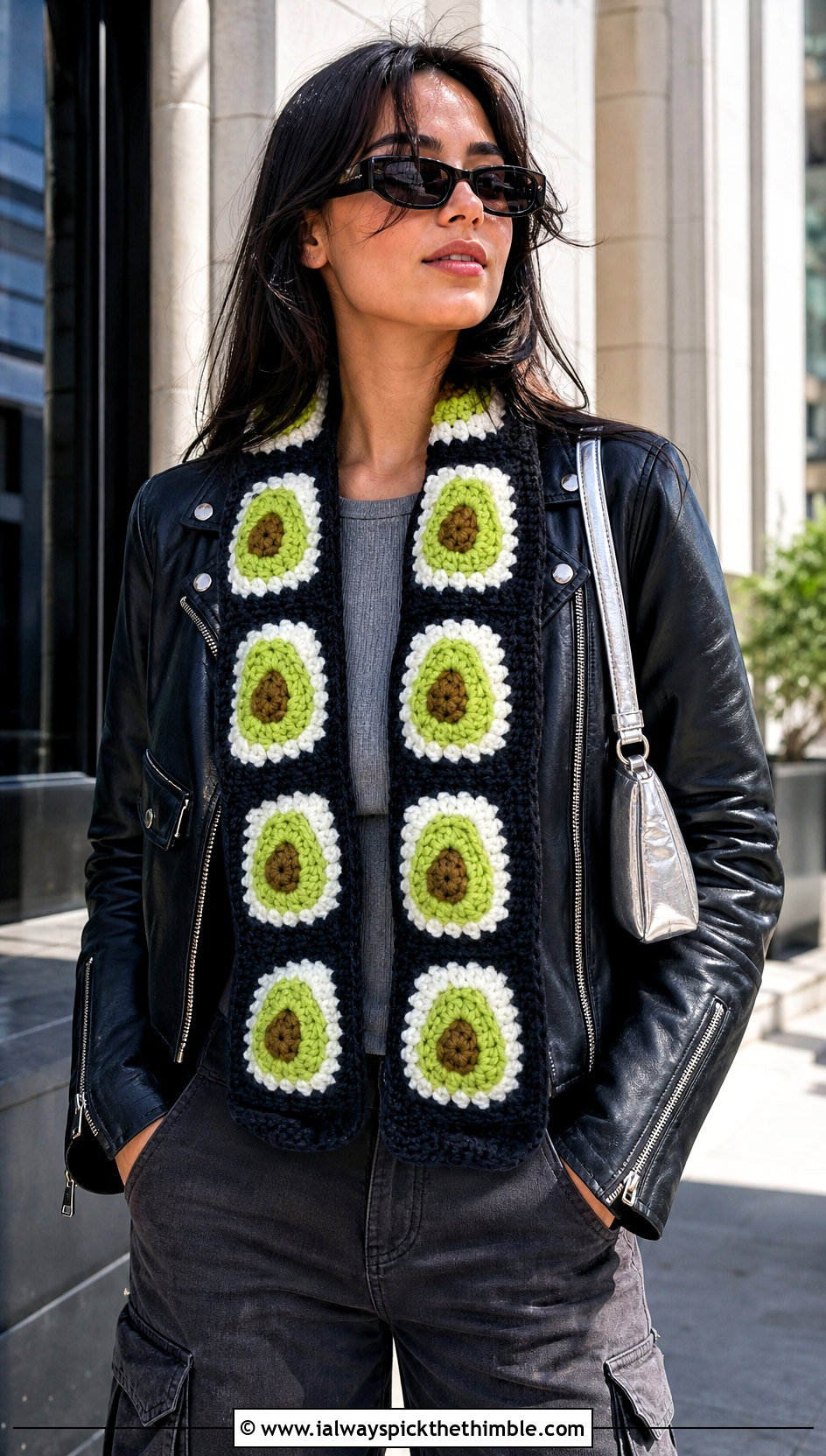 Avocado Maki Crochet Sushi Scarf With Leather Jacket - 20 crochet sushi scarf outfit ideas
