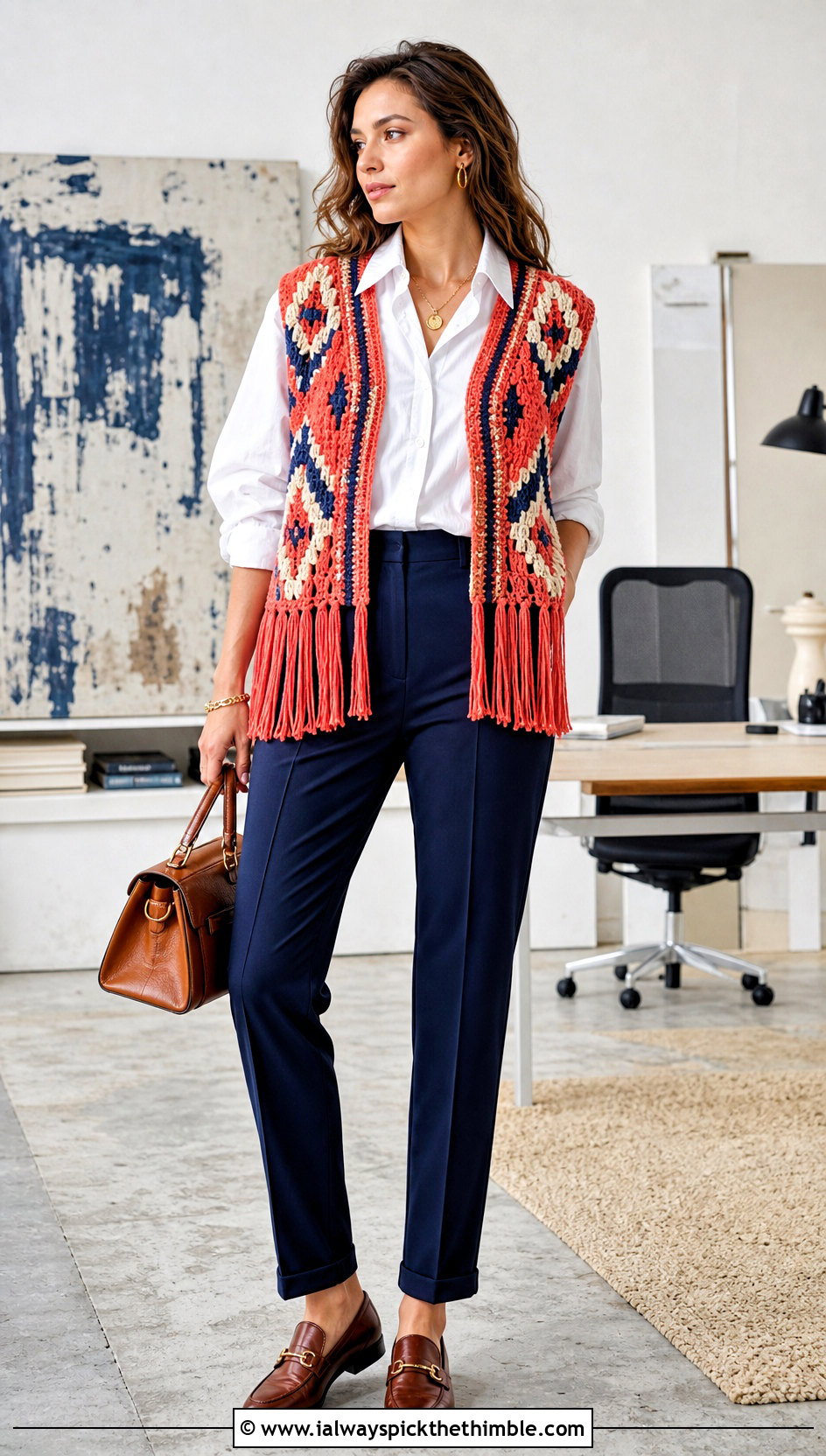Aztec Coral Fringe Vest With White Shirt And Trousers - 15 coral fringe vest in knit crochet boho style outfit ideas