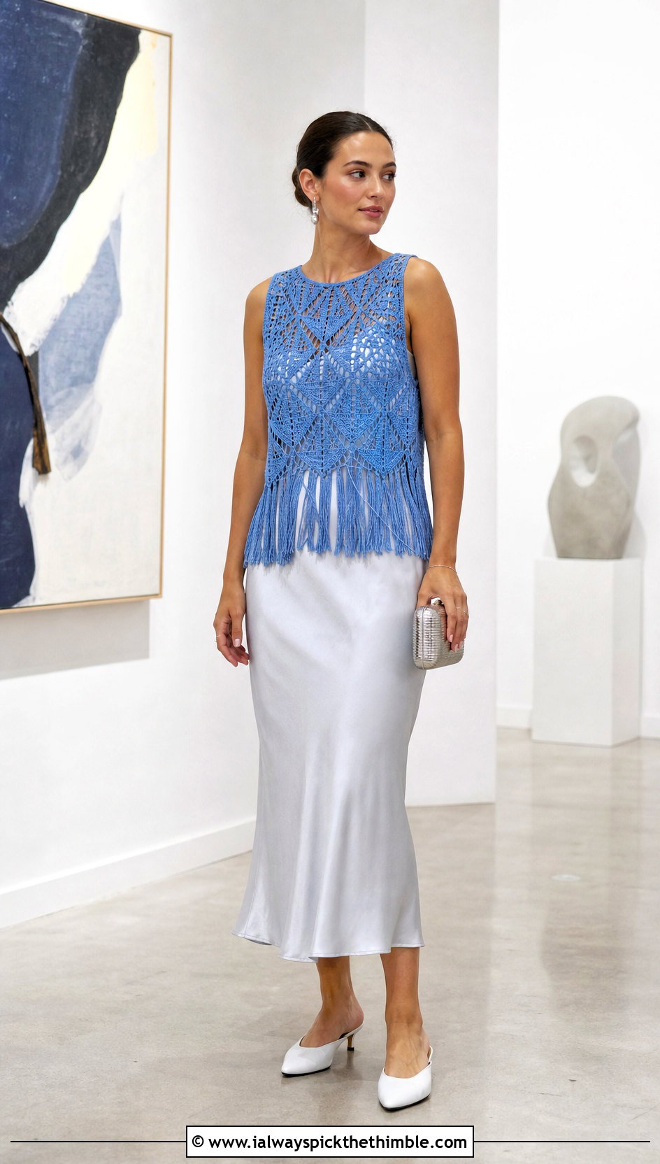 Azure Blue Crochet Fringe Vest Top Over A Slip Dress - 15 Blue Crochet Top With Fringes outfit ideas