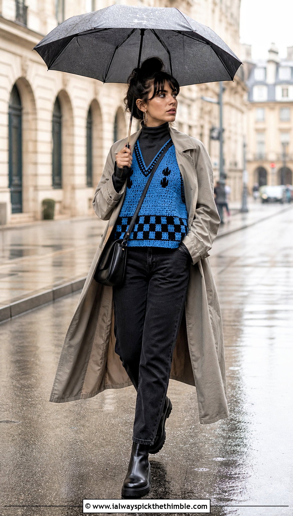 Azure Blue Crochet Wednesday Addams Vest With Trench Coat - 15 Crochet Wednesday Addams Vest outfit ideas