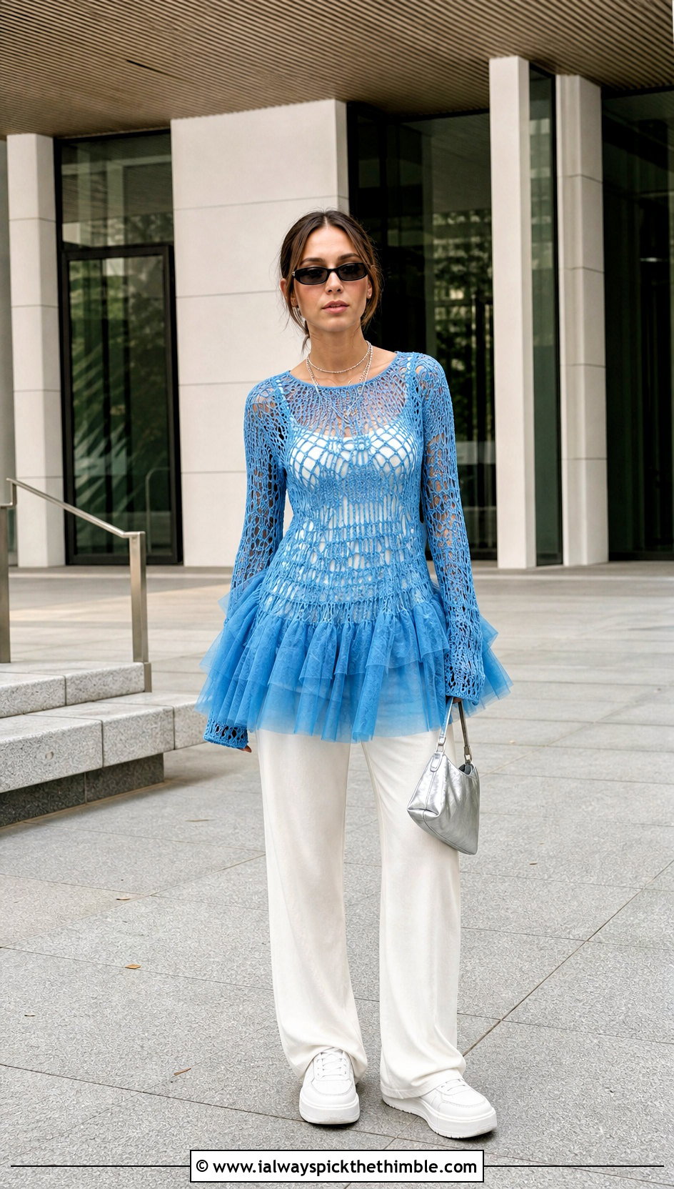 Azure Mesh Crochet Tutu Dress With Wide Leg Trousers - 15 blue crochet tutu dress outfit ideas