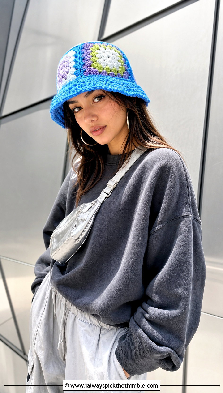 Azure Patchwork Crochet Bucket Hat With Sweatshirt And Parachute Pants - 25 Blue Crochet Hat outfit ideas