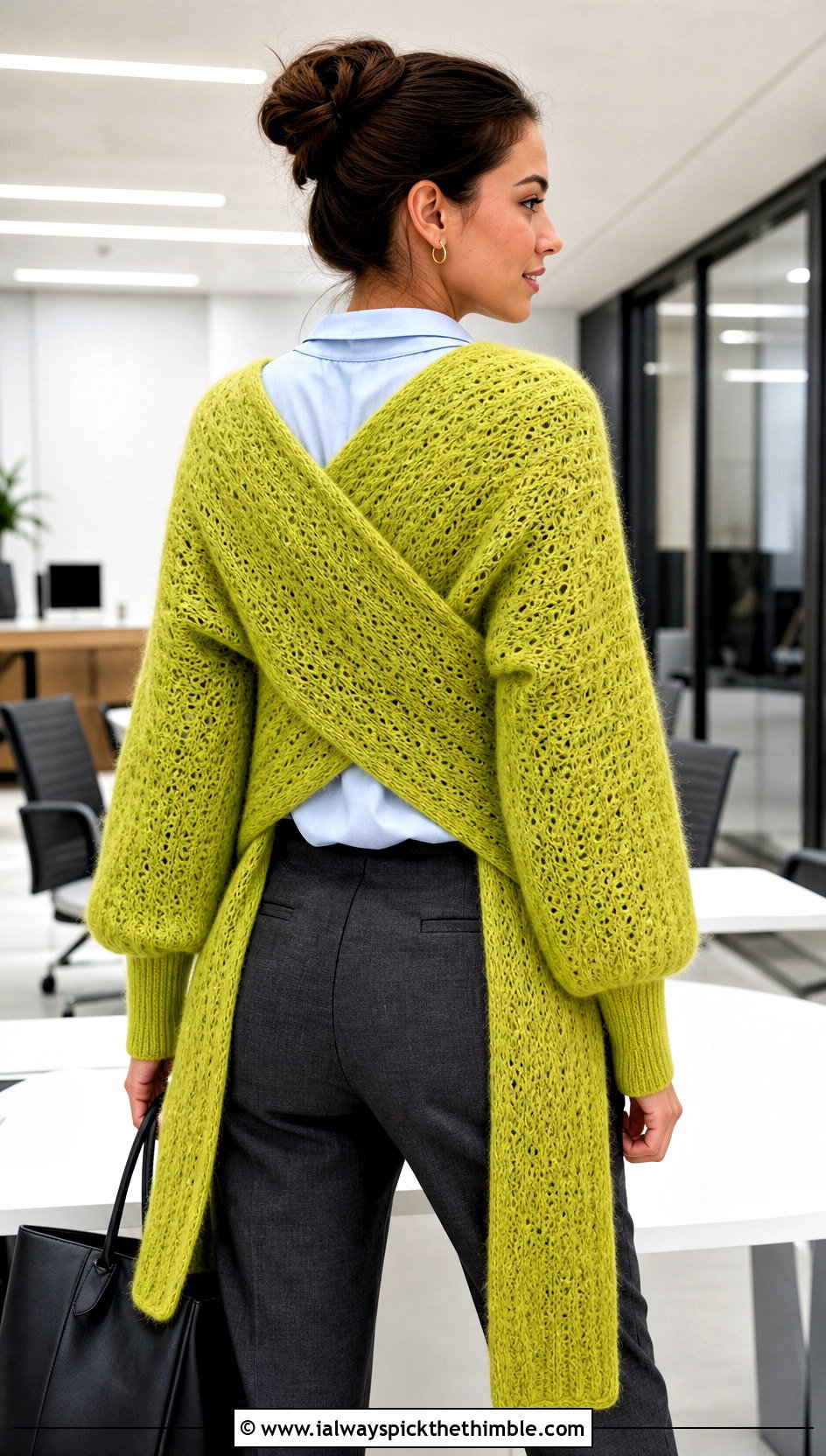 Back Cross Snowfall Crochet Sweater Scarf With Tailored Trousers - 15 Snowfall Crochet Sweater Scarf outfit ideas