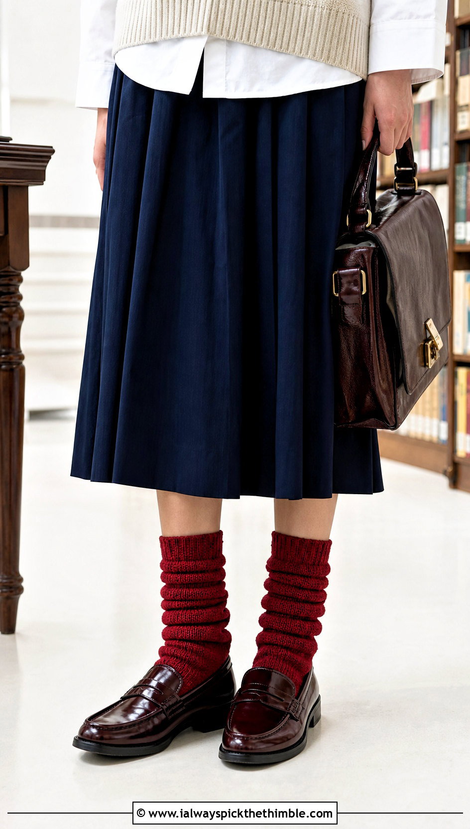 Back Loop Flat Crochet Socks With a Sweater Vest - 20 flat crochet sock outfit ideas